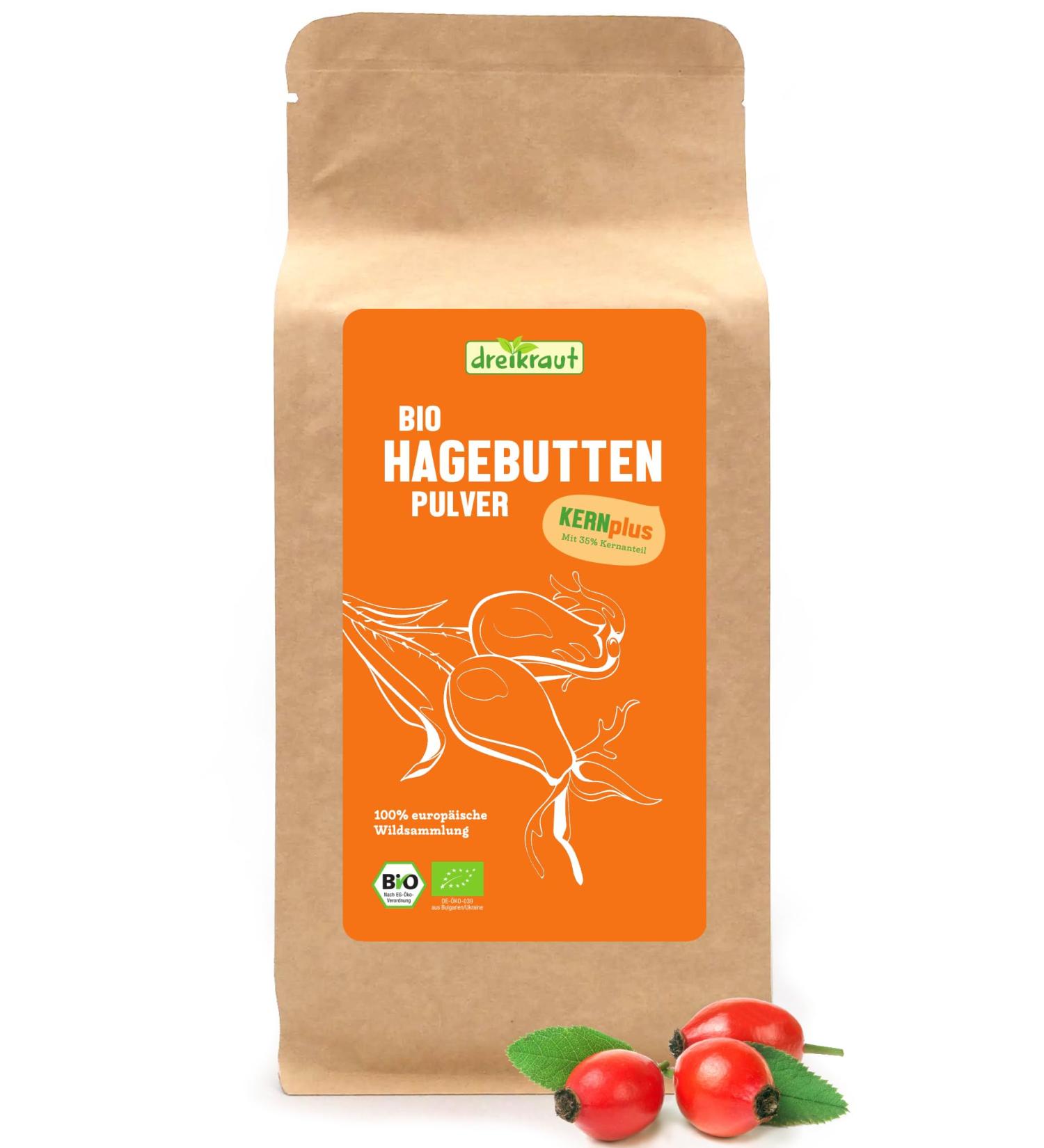 Kern-Plus Organic Rose Hip Powder | dreikraut | With 35% Kernel | From the European Wild Collection | 100% Natural Rosehip Powder (1000g) - Buy Online on GoSupps.com