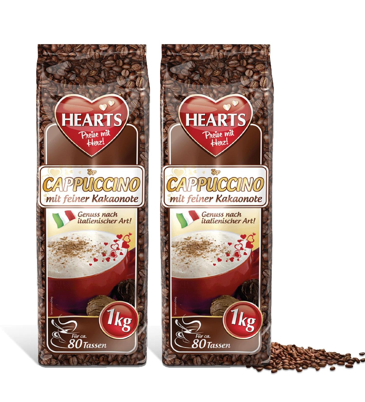 Hearts Cappuccino with a fine cocoa note pack of 2 (2 x 1 kg) intense aroma milky and creamy instant soluble coffee powder enough for 160 cups - Buy Online on GoSupps.com