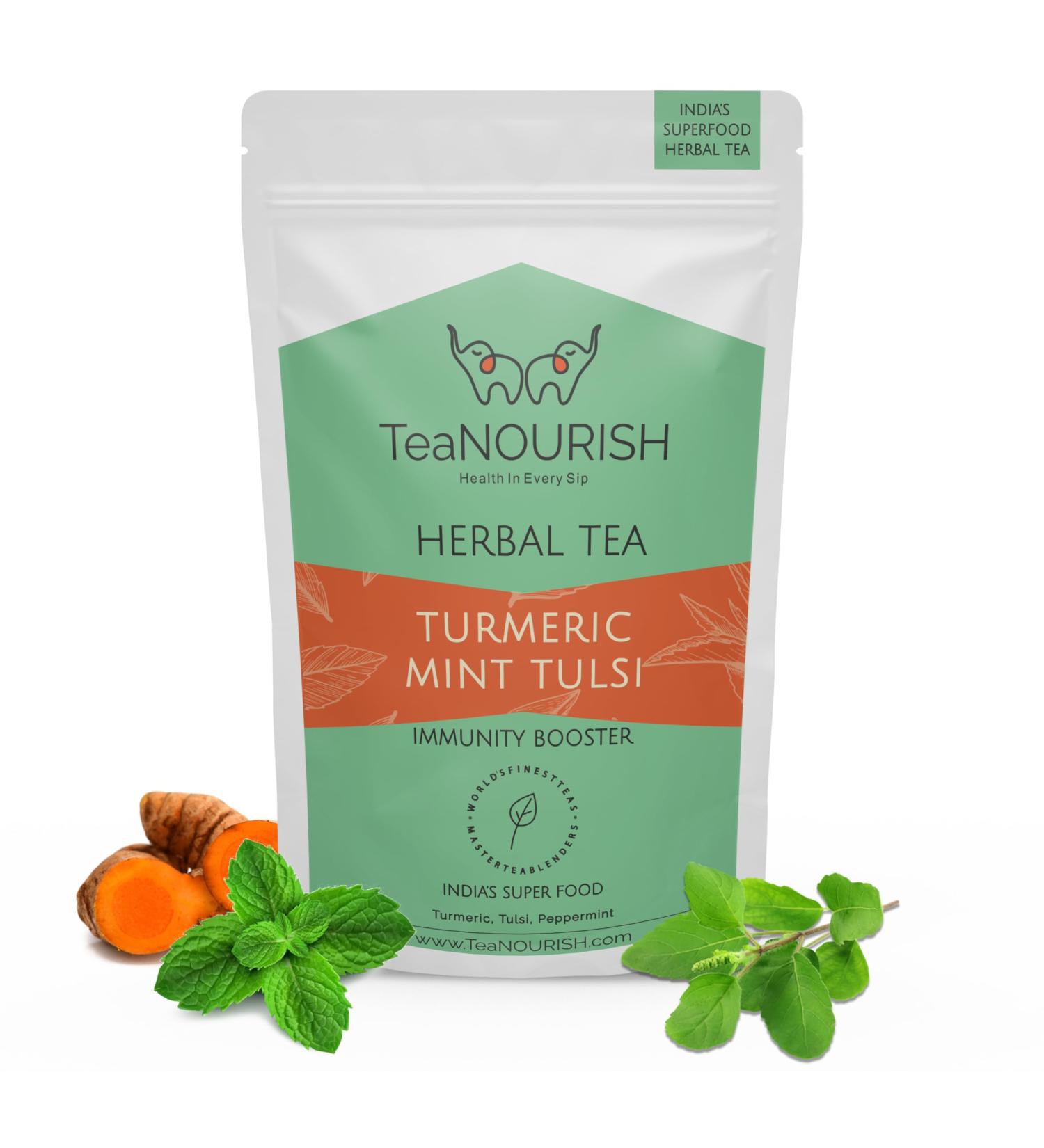 Teanourish Turmeric Mint Tulsi Herbal Tea - 100g - Immune Support 100% Natural Indian Superfoods Turmeric Tulsi & Peppermint Blend - Buy Online on GoSupps.com