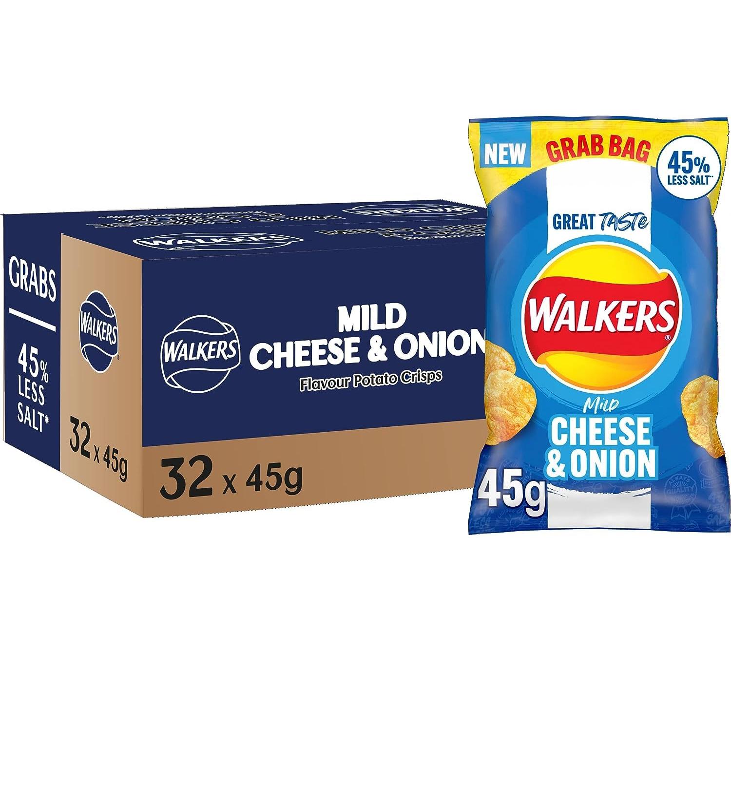 Walkers Less Salt Grab Mild Cheese & Onion Crisps 45g (96 Bags)