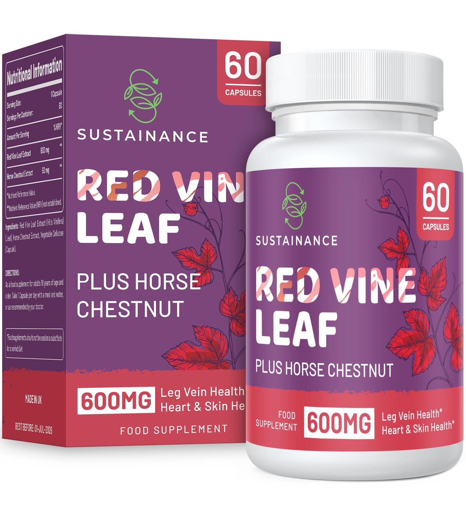 SUSTAINANCE Red Vine Leaf & Horse Chestnut Extract Capsules - 60 Vegetarian Capsules for Leg Vein, Heart, and Skin Support - Buy Online on GoSupps.com