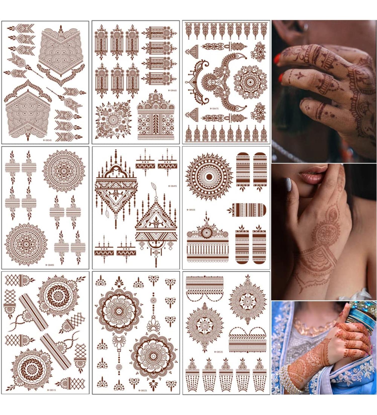 9 Sheets Brown Henna Tattoo Kit Stencil | Waterproof Temporary Henna Stickers for Body Art - Buy Online on GoSupps.com