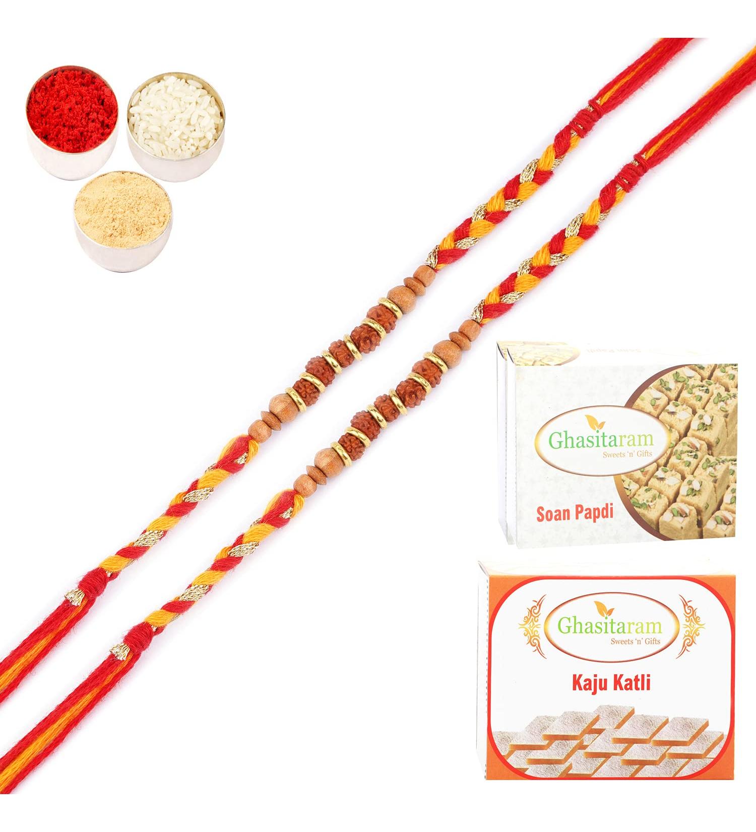 Ghasitaram Gifts Rakhi for Brother Rakhis Online - Set of 2 -LD-5215 Rudraksh Rakhi with 200 GMS of Kaju katli and 200 GMS of Soan Papdi - Buy Online on GoSupps.com
