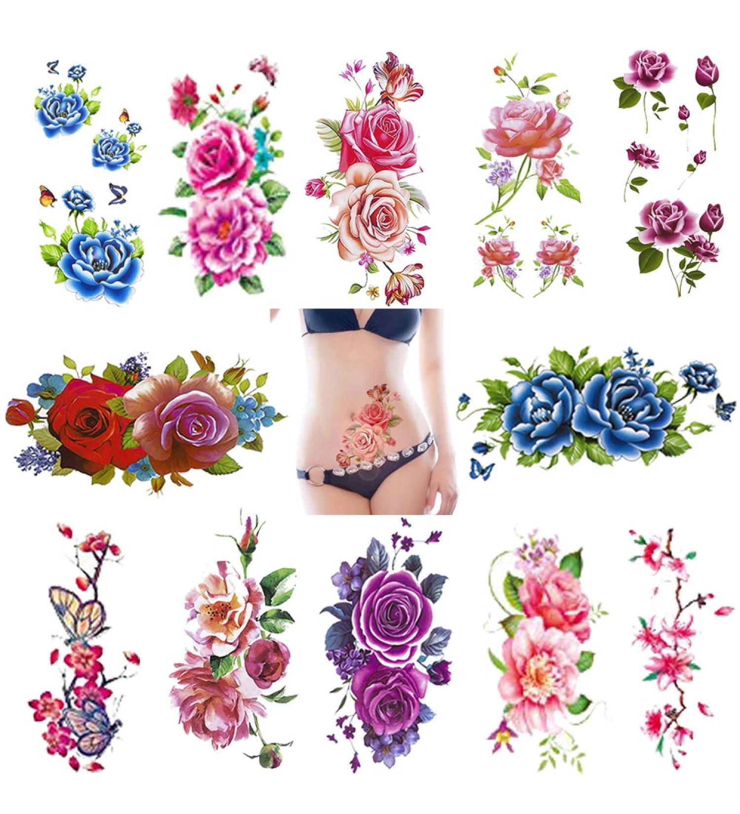 12 Sheets Temporary Tattoos for Women - Rose Flower Butterfly Body Art Stickers | DIY Waterproof Decorations Decal | Patriotic Large Style Flowers Tattoos - Buy Online on GoSupps.com