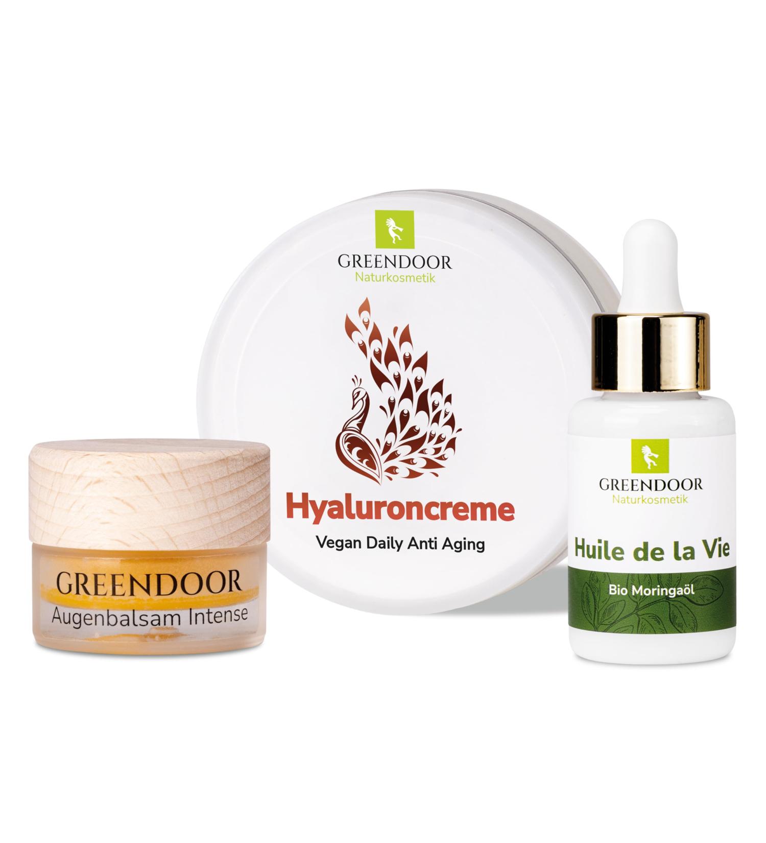 GREENDOOR Naturkosmetik Anti-Aging Economy Kit Hyaluronic Acid Cream + Intense Eye Balm + Organic Moringa Oil - Buy Online on GoSupps.com