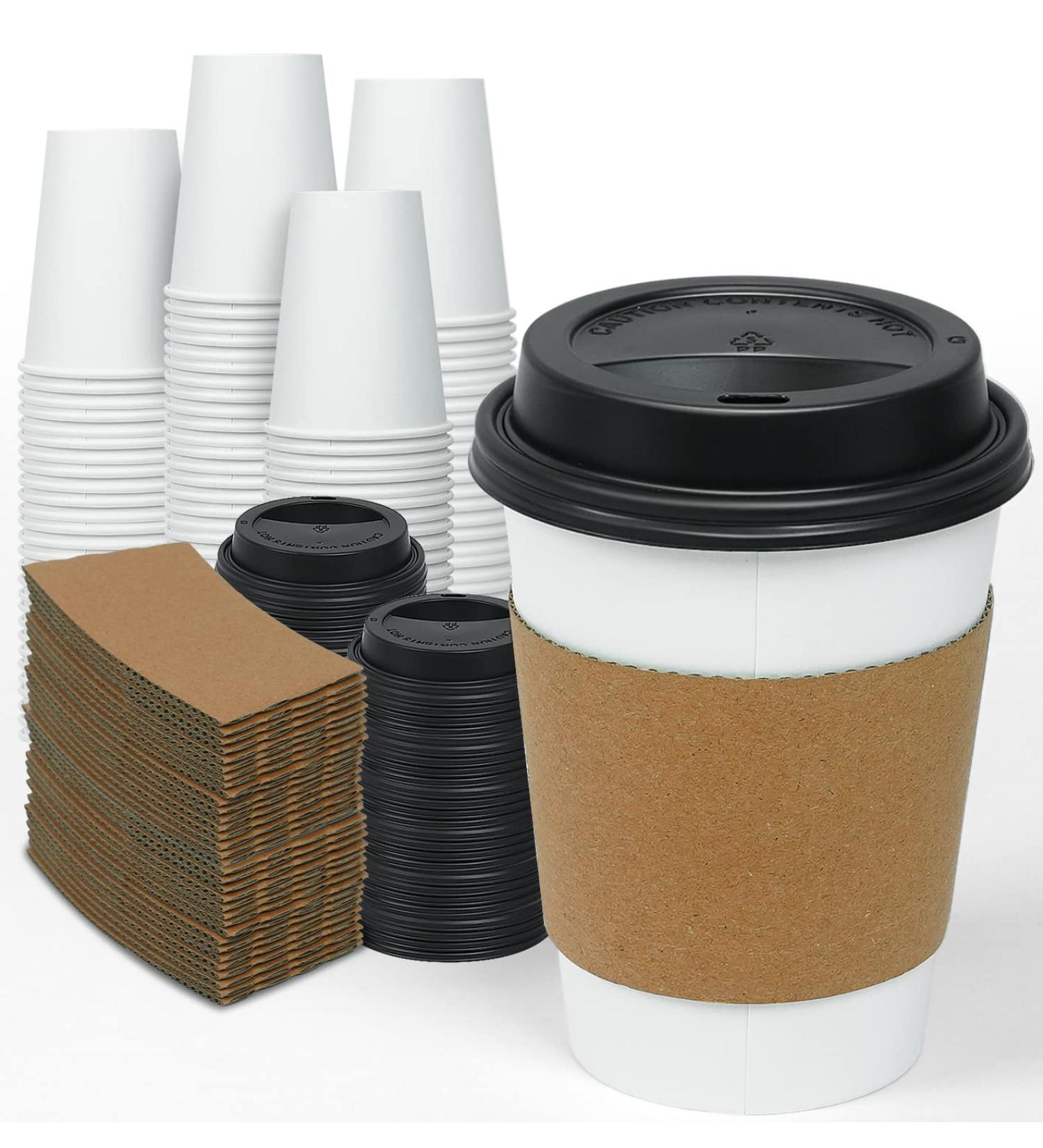 Ginkgo 12 oz Disposable Paper Coffee Cups - 100 Pack | Includes Lids and Sleeves | Ideal for Home, Office, Wedding, and Cafes | White/Brown/Black - Buy Online on GoSupps.com