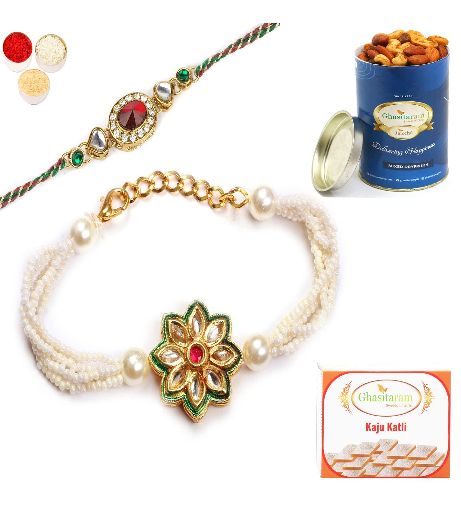 Ghasitaram Gifts Rakhis Online - Rakhi for Brother-T-13 Bhaiya Bhabhi Rakhi with 100 GMS of Dryfruits Mix Can 200 GMS of Kaju katli Rakhi Set & 100g Dryfruits Mix Can 200g Kaju katli - Buy Online on GoSupps.com