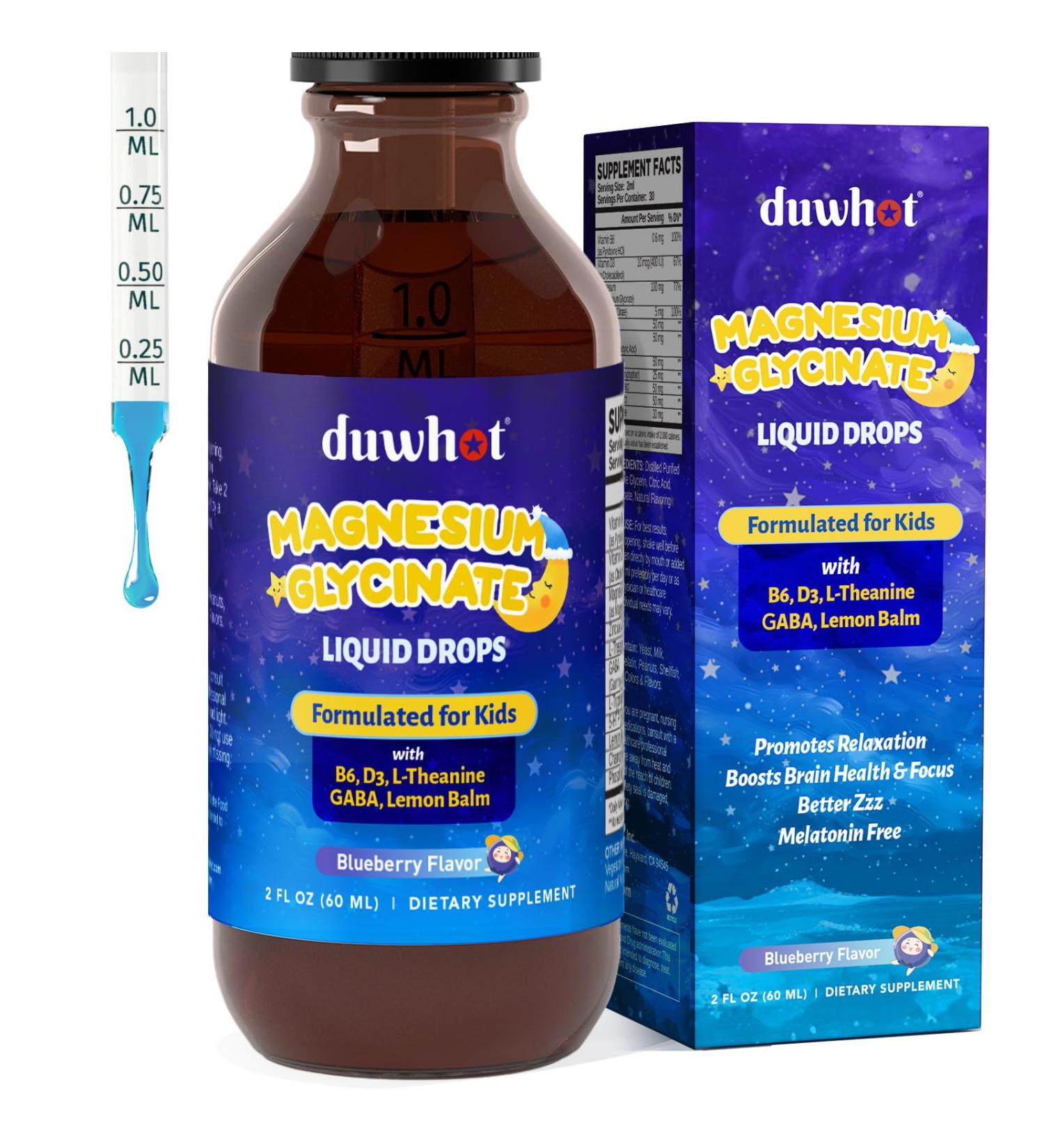 duwhot Kids Magnesium Liquid Drops Magnesium Glycinate 100 mg Supplement with L-Theanine GABA Vitamin B6 D3 for Sleep & Relaxation Melatonin Free Sugar Free 2 Fl Oz - Buy Online on GoSupps.com