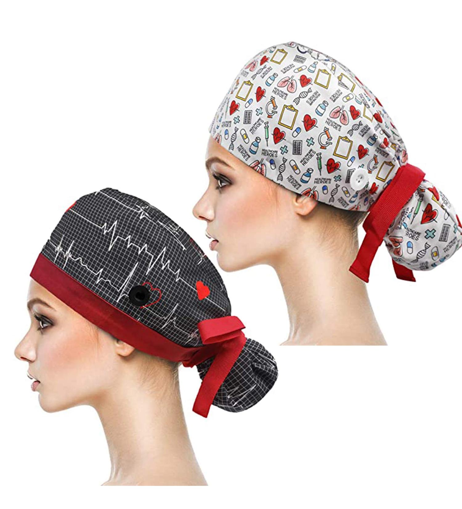 YUESUO 2 Pack Cotton Working Hats with Buttons and Sweatband - Adjustable Ponytail Pack Ribbon Tie Back Hats for Women & Men - Long Hair Head Covers - Buy Online on GoSupps.com