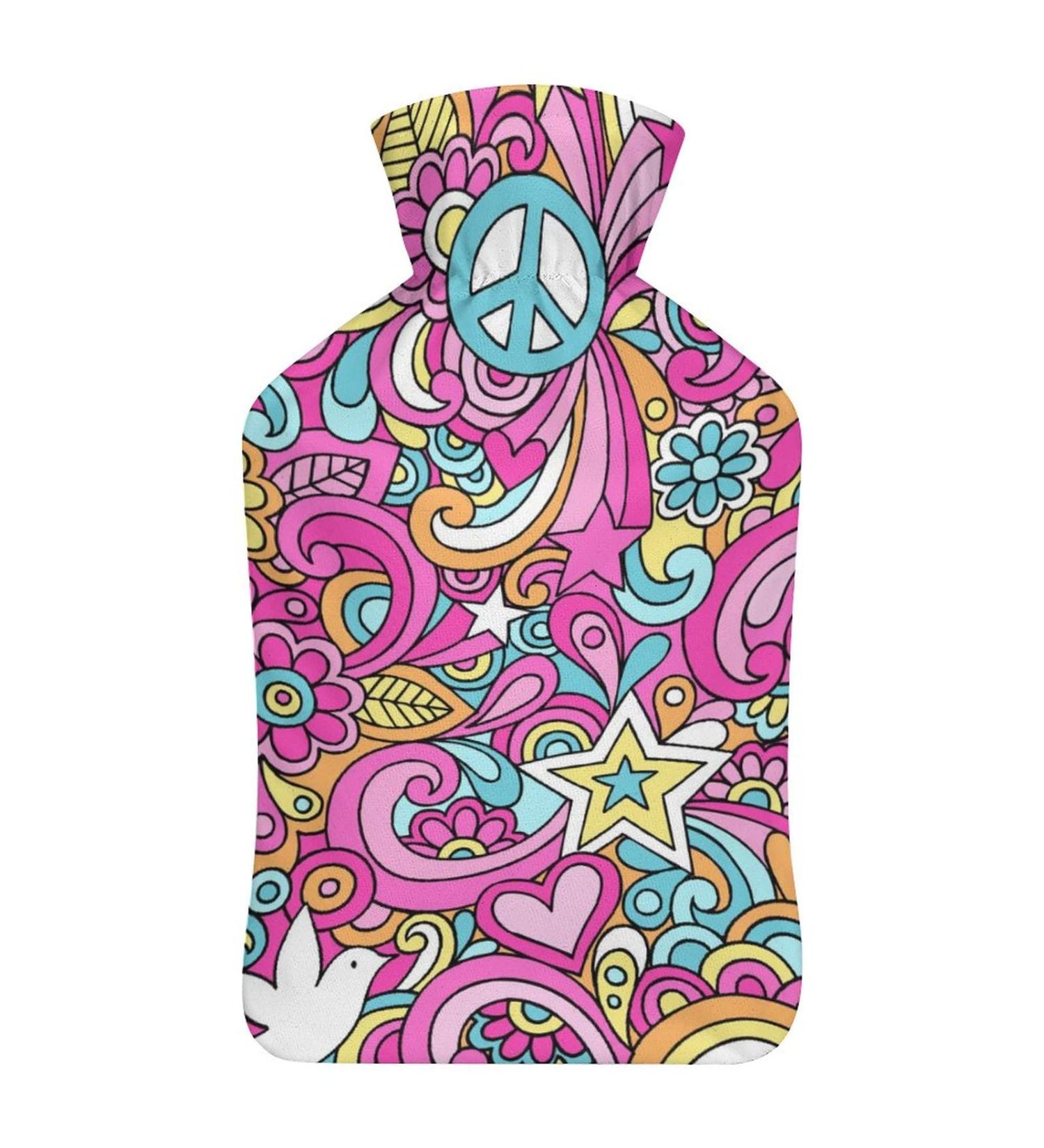 Love and Peace Hot Water Bottle with Plush Cover | Bed Warmer for Adults & Kids - 26.5x15.3cm | International Shipping - Buy Online on GoSupps.com