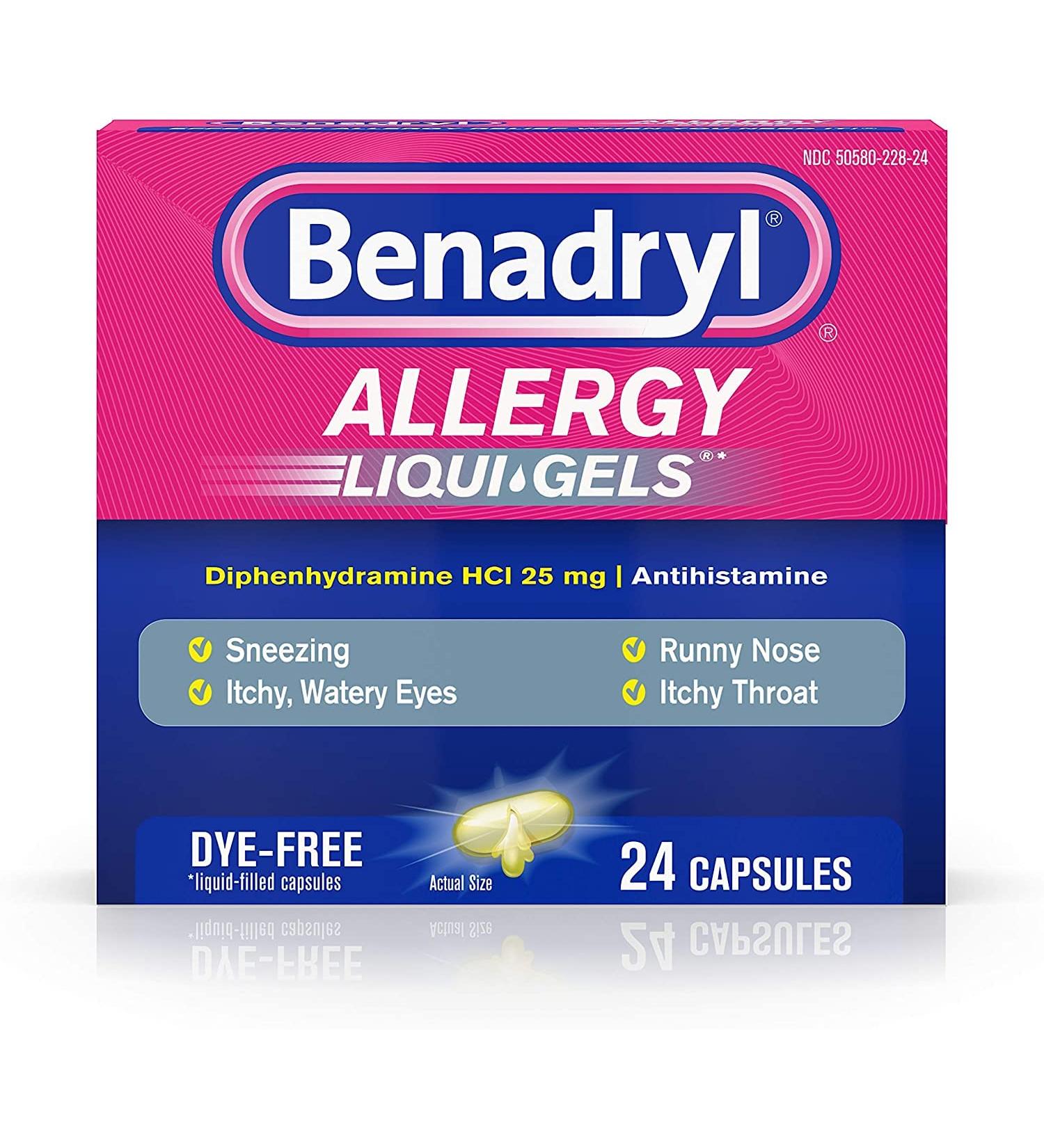 Benadryl Allergy Dye-Free 25 mg Liqui-Gels 24 ea - Pack of 3 | Fast Relief from Allergies - Buy Online on GoSupps.com