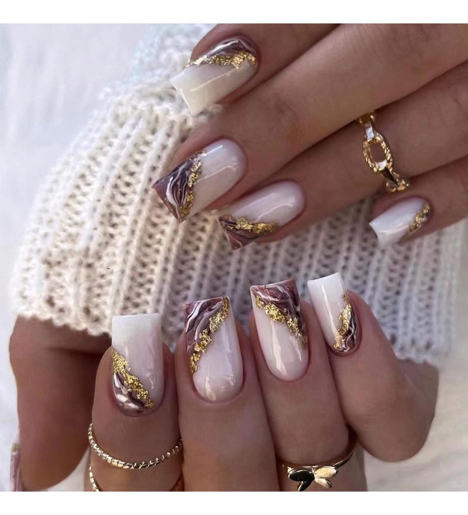 Mervf Purple Marbled French Tip Square Press On Nails 24pcs - Medium Size | Glossy Glue On Acrylic Nails for Women and Girls - Buy Online on GoSupps.com
