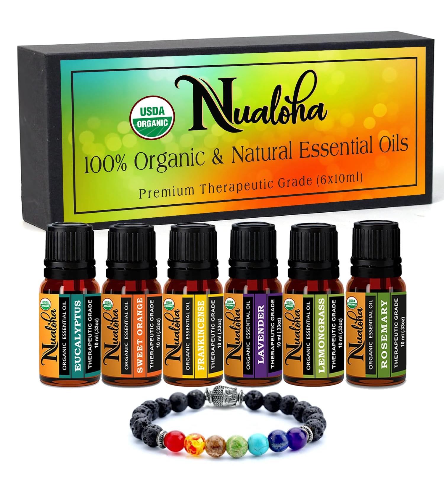 Top 6 Organic Essential Oils Set with Bracelet - Lavender Eucalyptus Rosemary Frankincense Sweet Orange Lemongrass - Perfect for Diffuser DIY Skin & Hair Care - Buy Online on GoSupps.com