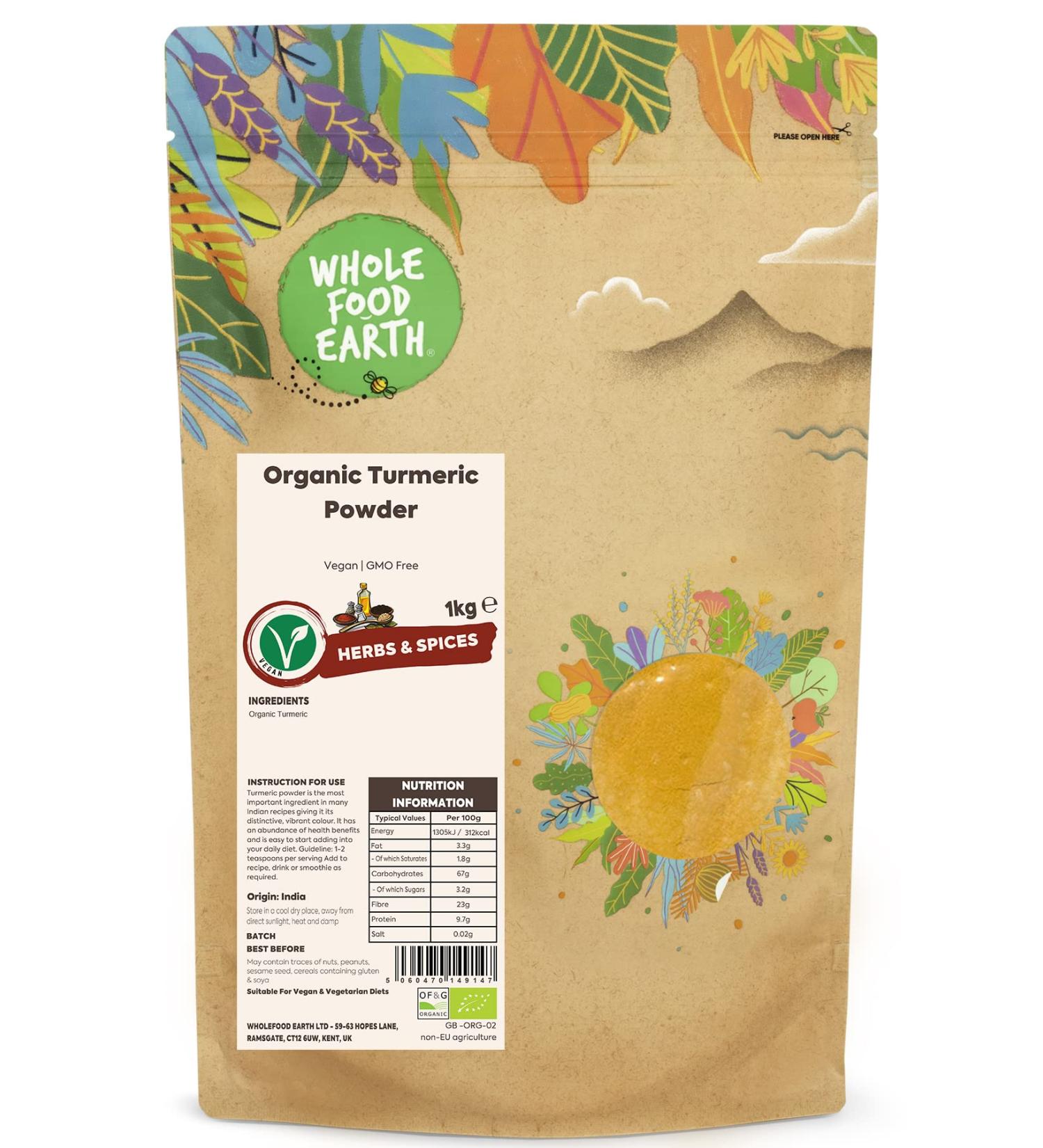Wholefood Earth Organic Turmeric Powder 1kg - Vegan, GMO Free & Certified Organic - Buy Online on GoSupps.com