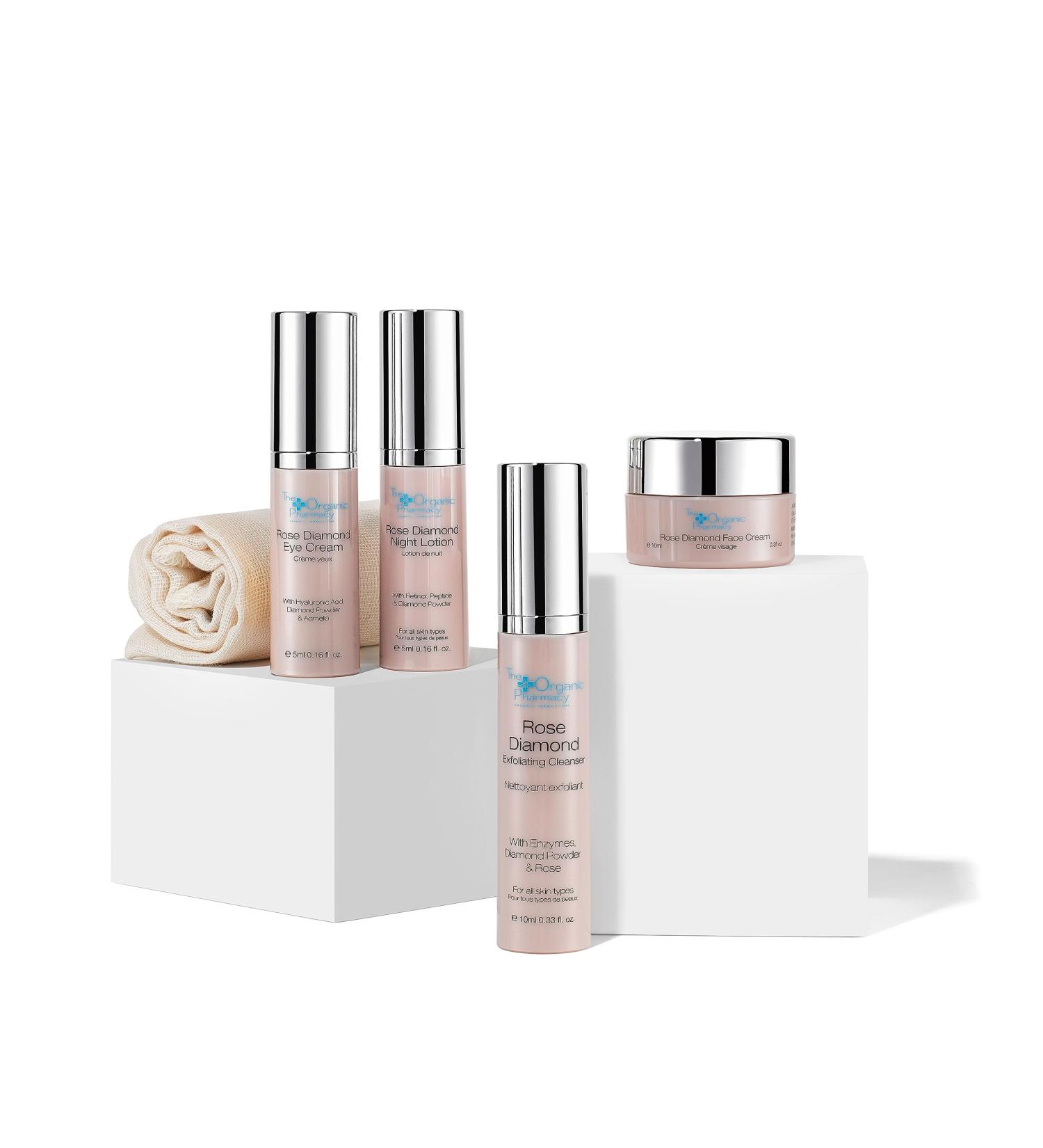 The Organic Pharmacy Rose Diamond Skincare Kit - Rose Diamond Travel-size Eye Cream Face Cream Cleanser Night Lotion and Muslin Cloth