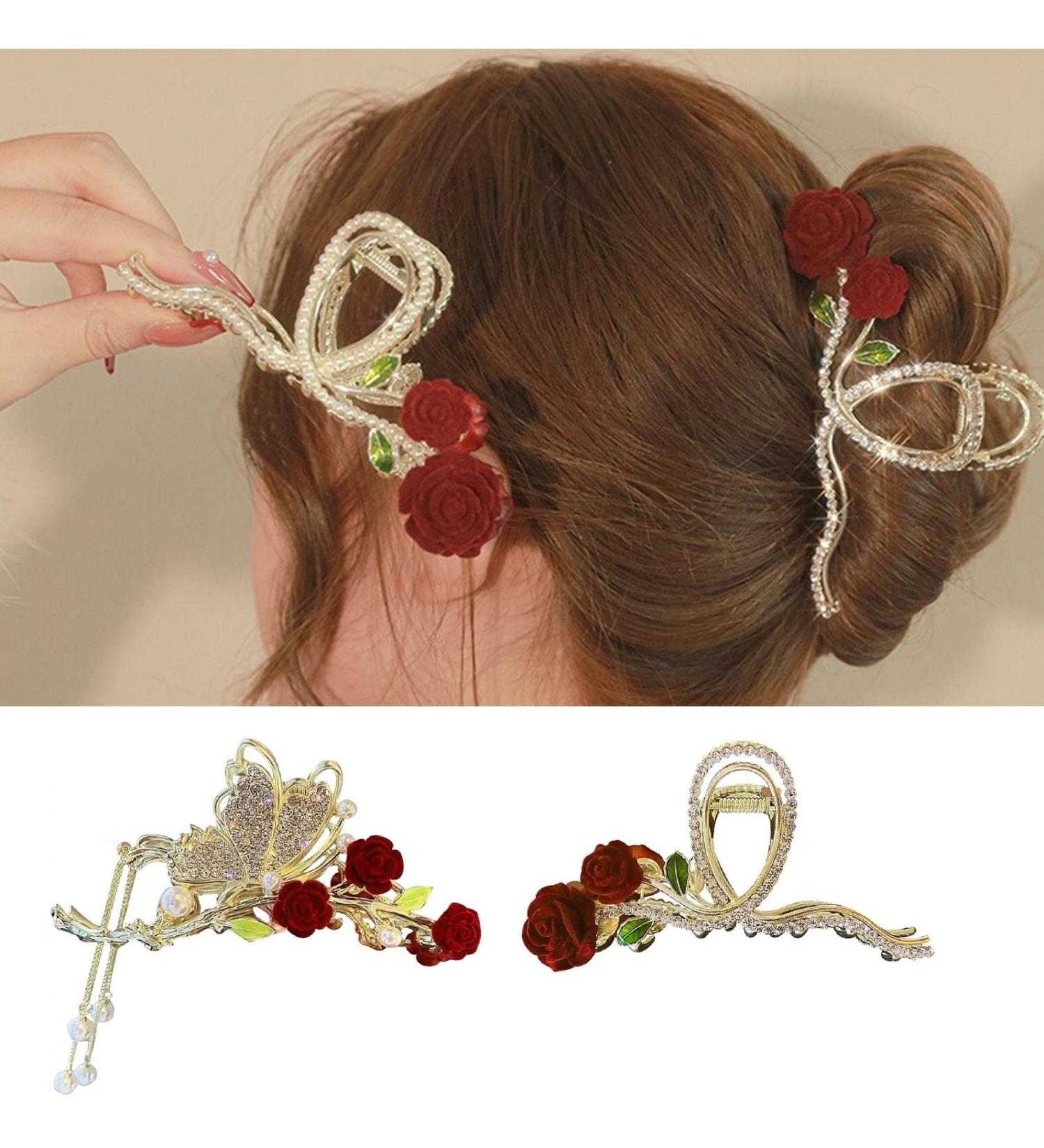 Souarts Butterfly Hair Clip - Big Thick Metal Hair Clips for Women & Girls | Non-Slip Hair Jaw Claw Accessory | Gold Red Rose - 1 Pack - Buy Online on GoSupps.com