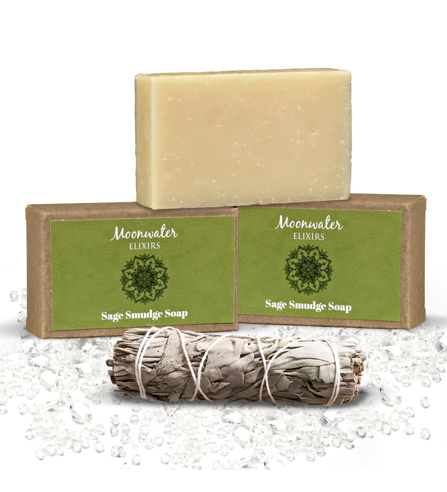 White Sage Smudge Stick & Soap Bundle - Natural Space Purifier & Cleansing Kit - 1 Stick + 3 Bar Soap | Moonwater Elixirs - Buy Online on GoSupps.com