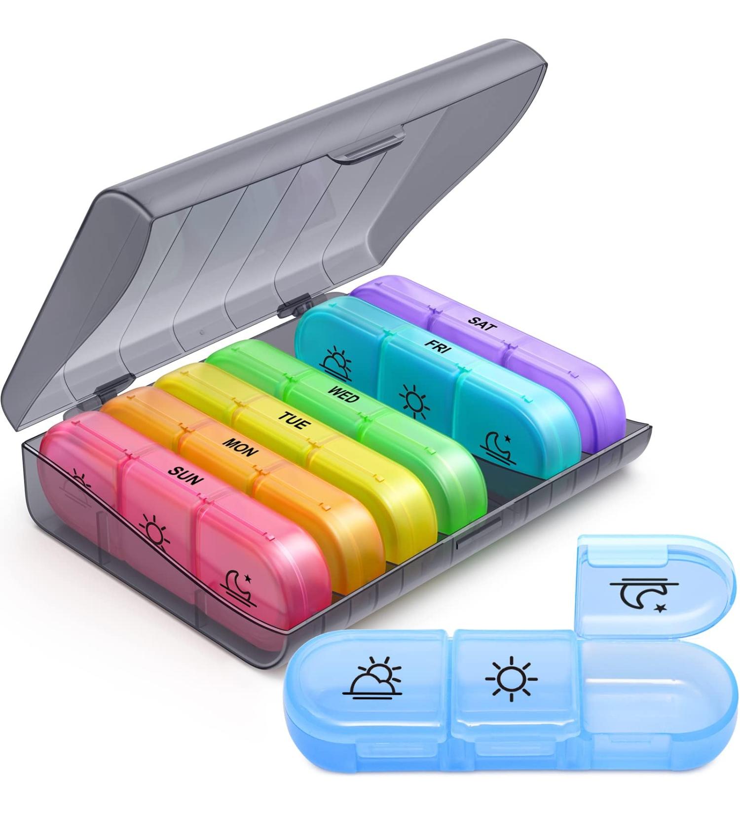 Weekly Pill Organizer - 3 Times A Day 7 Day Pill Box with 180 Wide Open Design - Easy to Fill & Retrieve | Double Protection Case for Vitamins Fish Oil Supplements - Buy Online on GoSupps.com