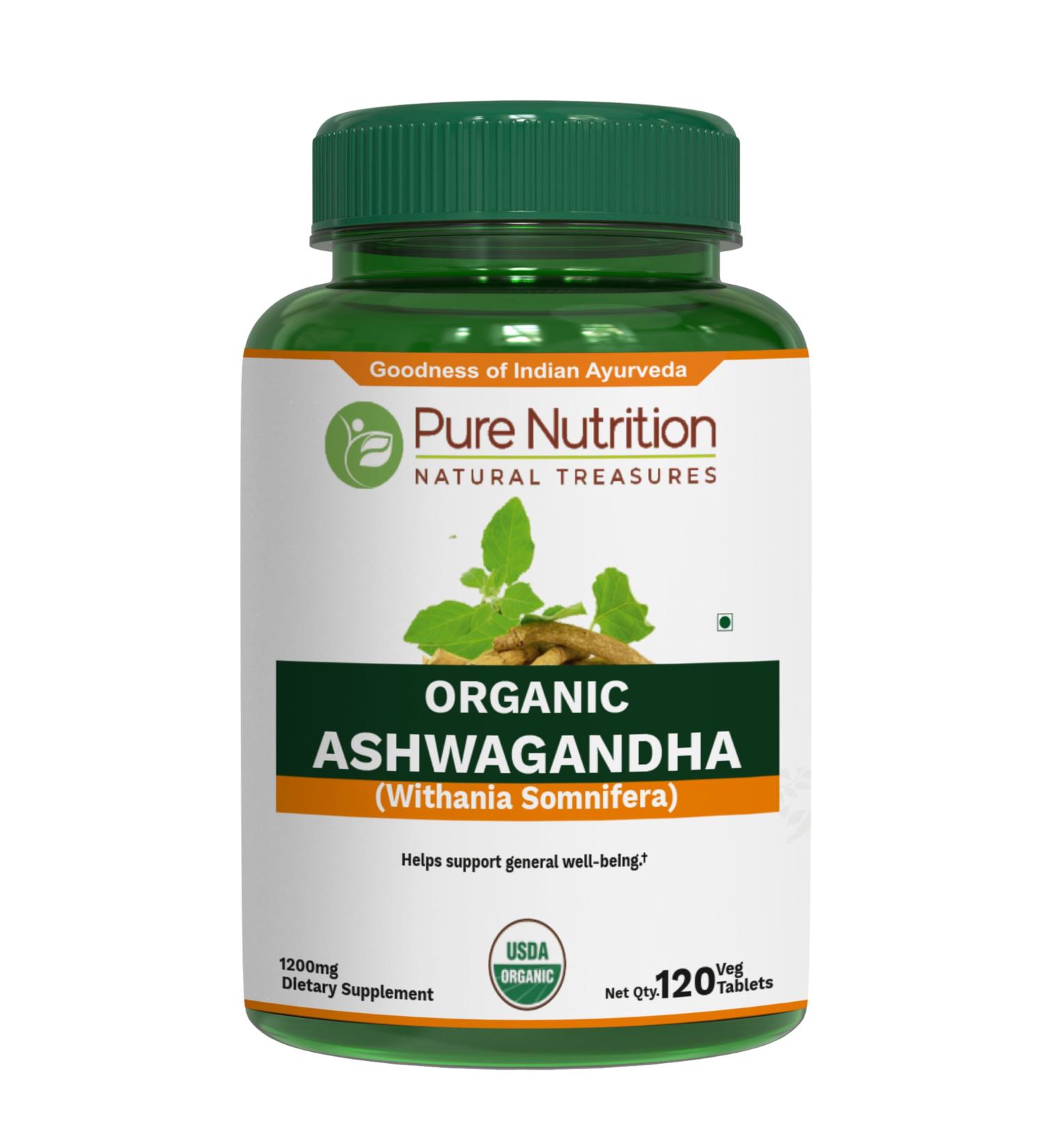 Pure Nutrition Organic Ashwagandha Tablets - 600mg | 120 Count | USDA Organic Certified | Ayurvedic Herb for Vata & Pitta Balance | Non-GMO | Gluten-Free - Buy Online on GoSupps.com