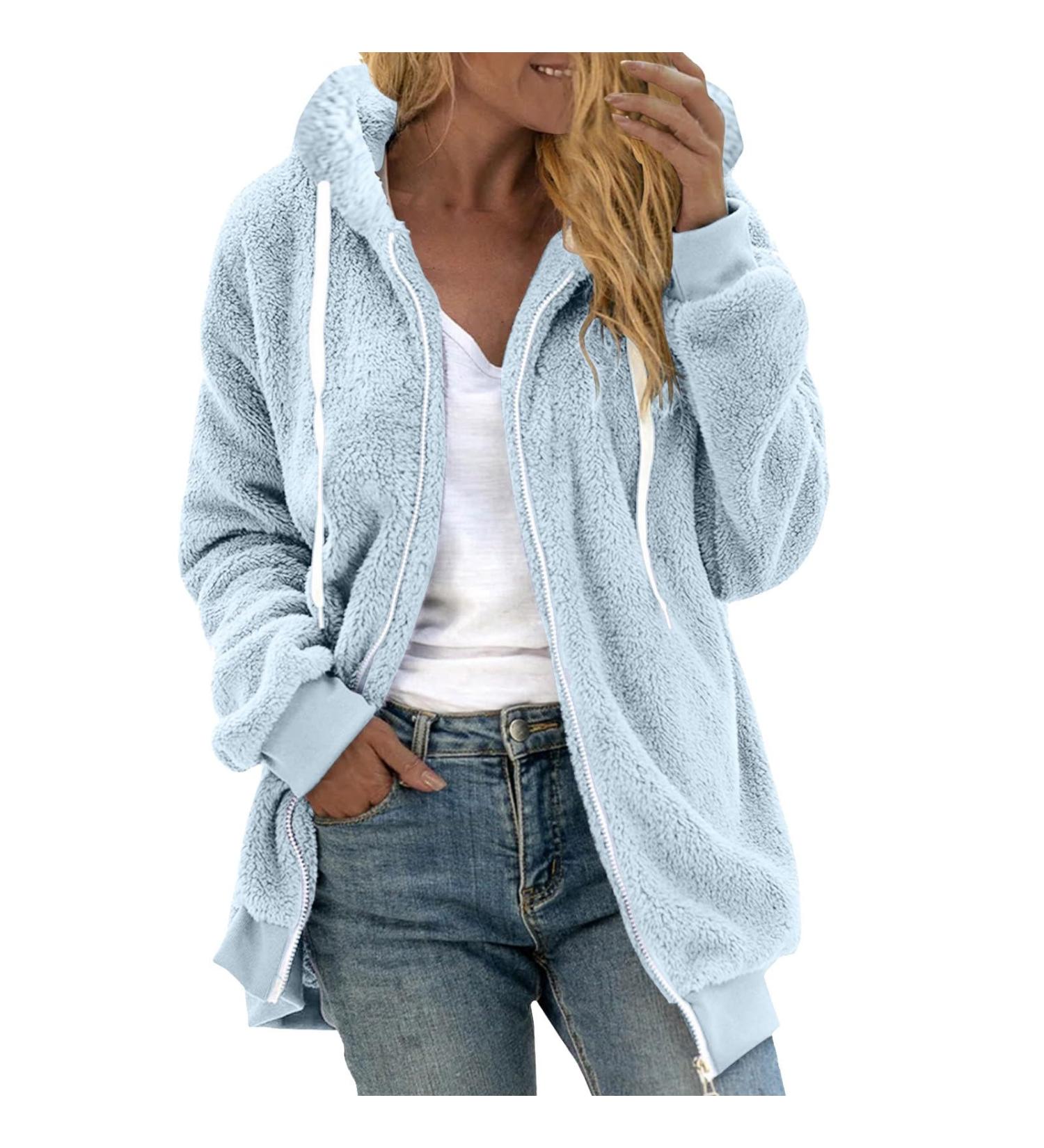 Shop Hanxiulin Oversized Plush Jacket for Women | Warm Lined Fleece Coat in Light Blue | Elegant Hoodies & Quilted Jackets Up to 4XL - Buy Online on GoSupps.com