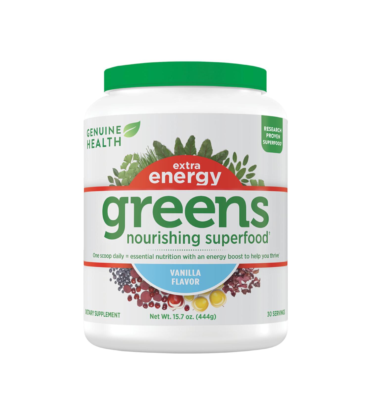 Genuine Health Greens + Extra Energy Superfood Powder - Vanilla Boost Energy & Support Gut Health | 30 Servings - Buy Online on GoSupps.com