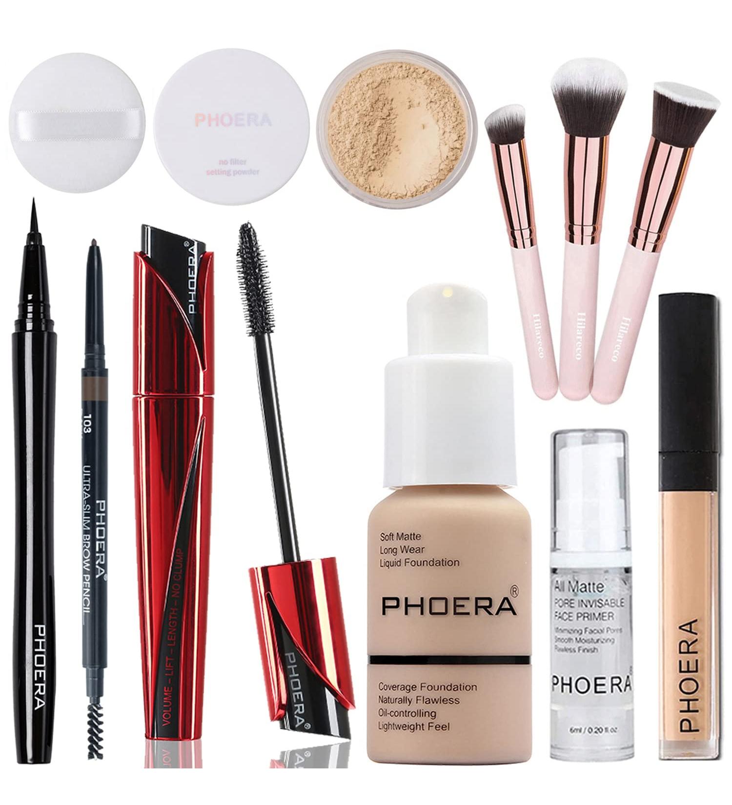 PHOERA Makeup Set: Foundation, Mascara, Primer, Powder, Concealer & Brushes - Full Coverage Kit - Buy Online on GoSupps.com