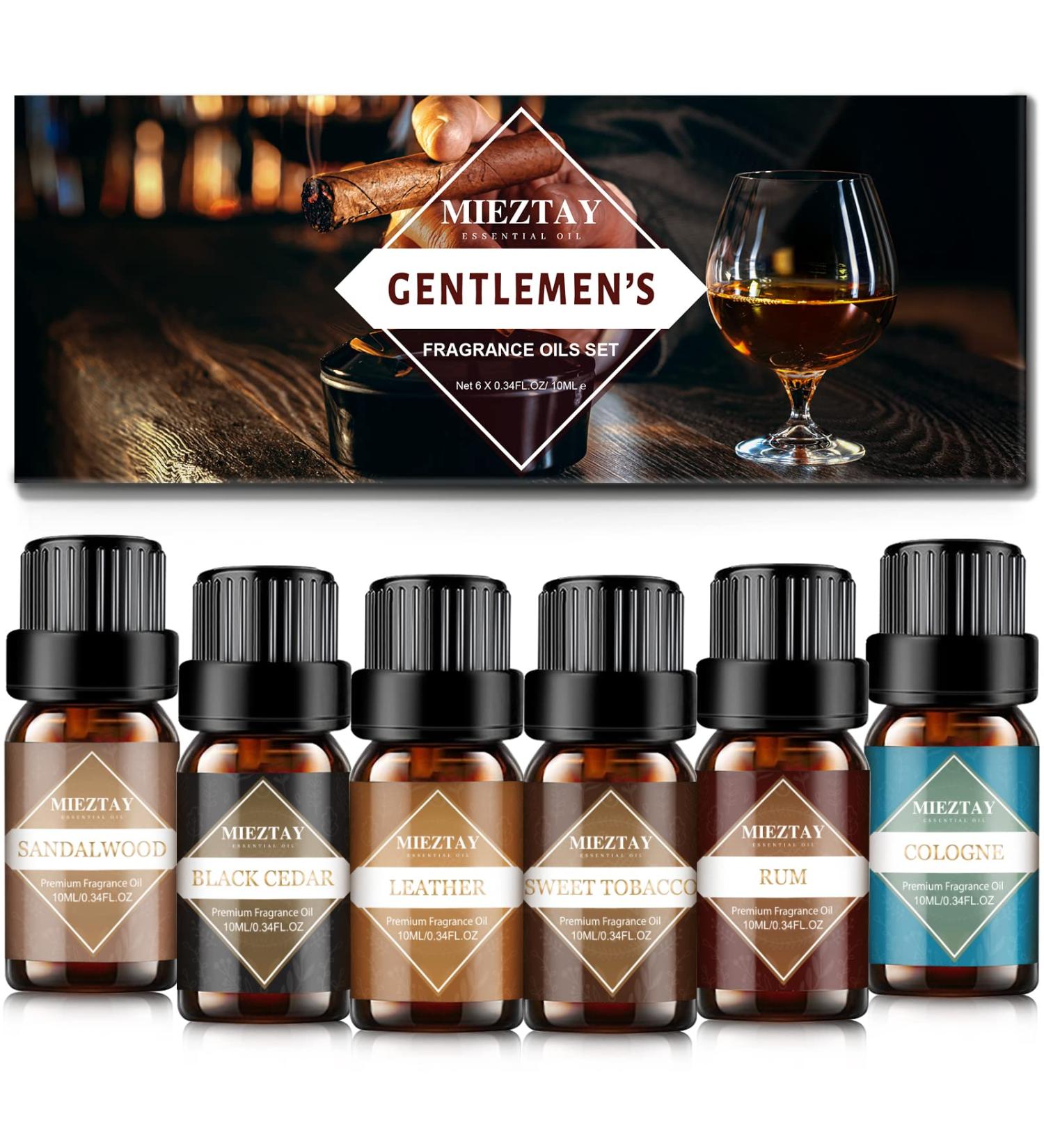 Men's Essential Oils Set - Top 6 Fragrance Oils for Diffuser, Candle & Soap Making - Sandalwood, Cologne, Black Cedar, Leather, Sweet Tobacco, Bay Rum - 10mL Gentlemen's Essential Oil Kit - Buy Online on GoSupps.com