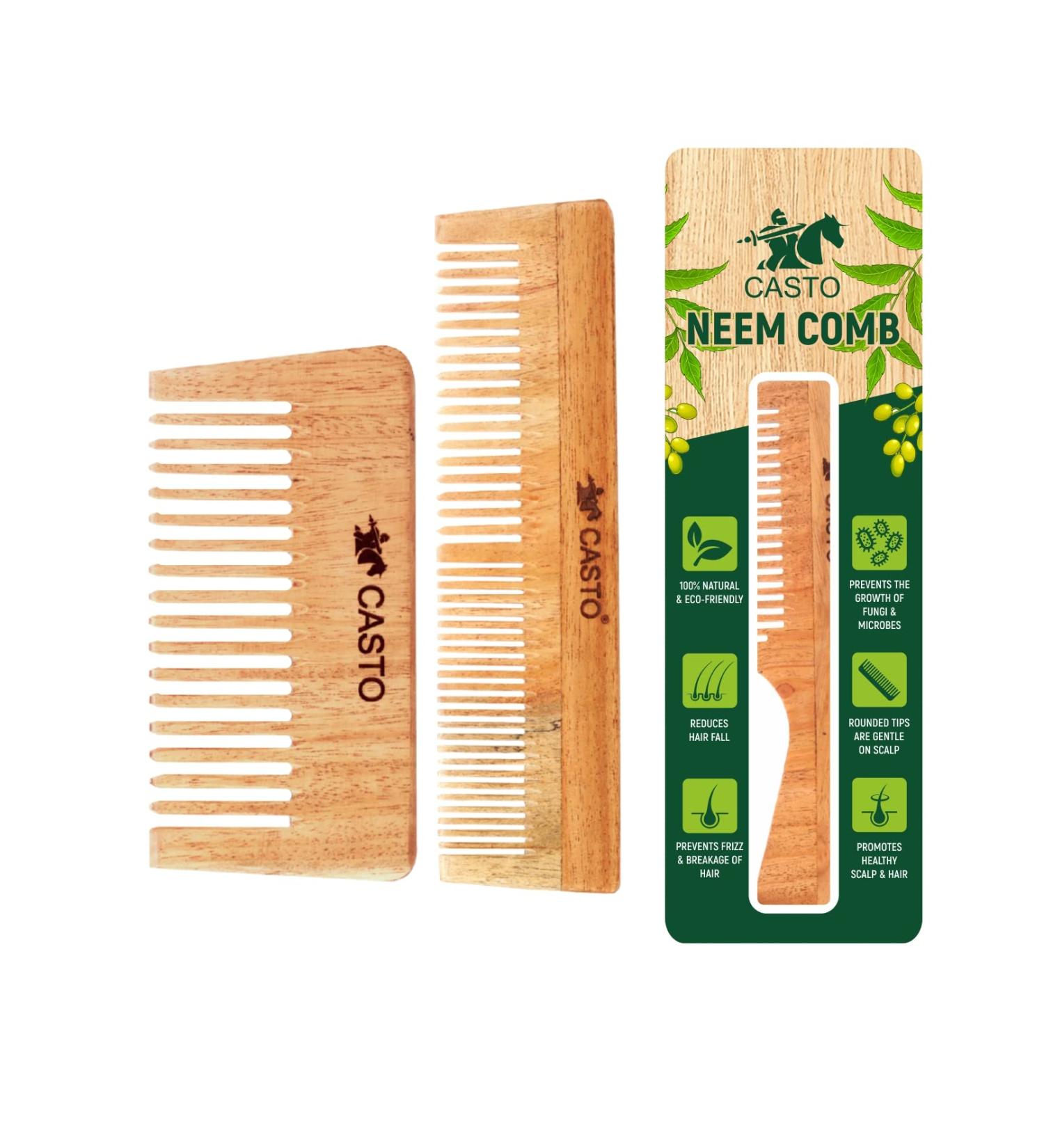 CASTO Organic Pure Neem Handmade Neem Wood Comb for Men and Women Pack of 2 (Neem Comb + C)