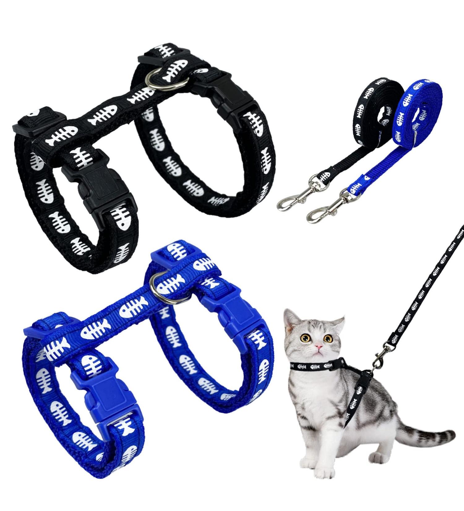 Adjustable Nylon Cat Leash (2 Pieces) - Soft Leash for Kittens Puppies & Rabbits | Marienk fer Print | Black & Blue - Buy Online on GoSupps.com