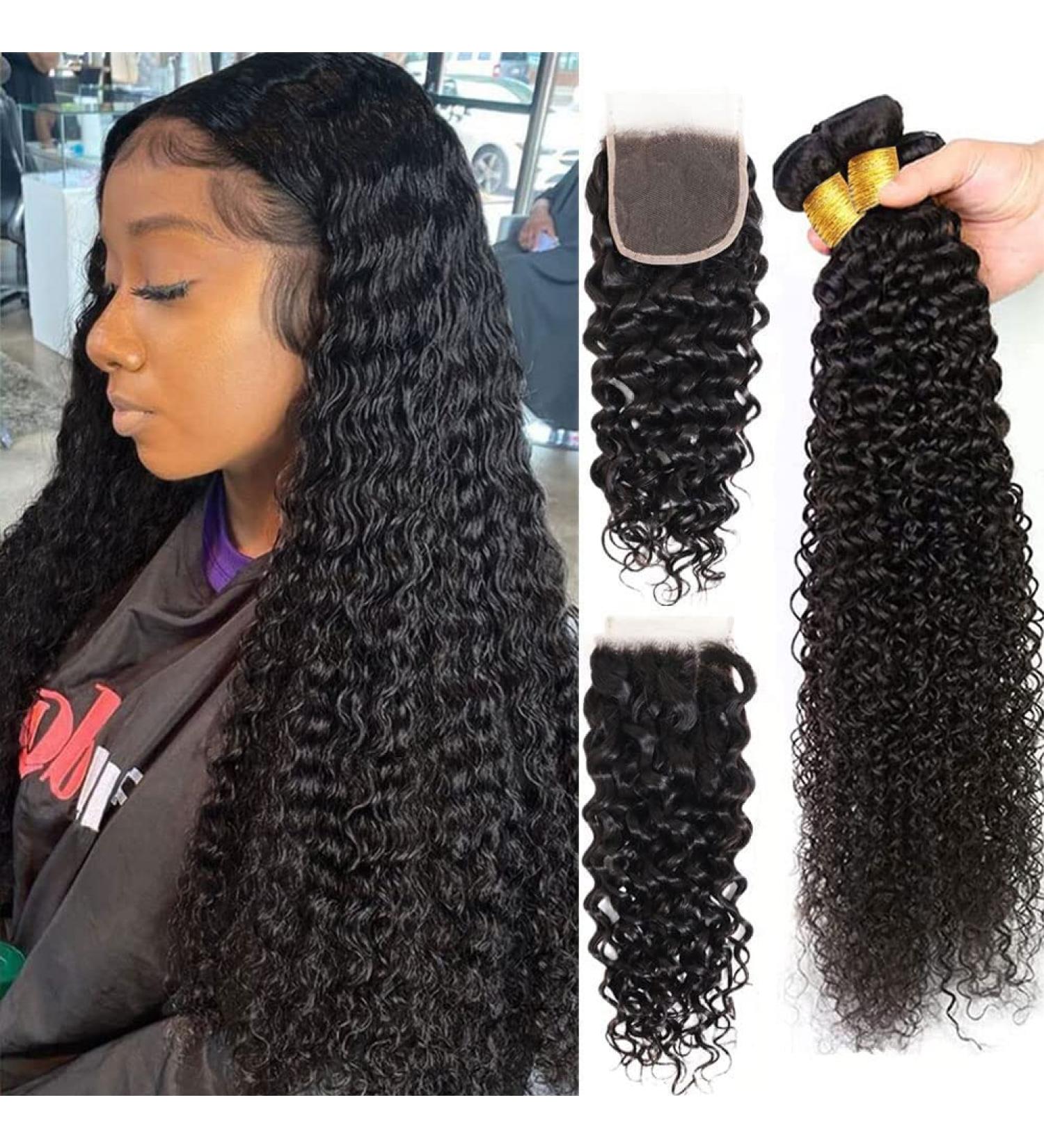 Water Wave Human Hair Bundles with Free Part Lace Closure - 10A Unprocessed Deep Curly Hair, Natural Color (24 26 28+22) - Wet and Wavy Bundles with 4x4 Closure - Buy Online on GoSupps.com