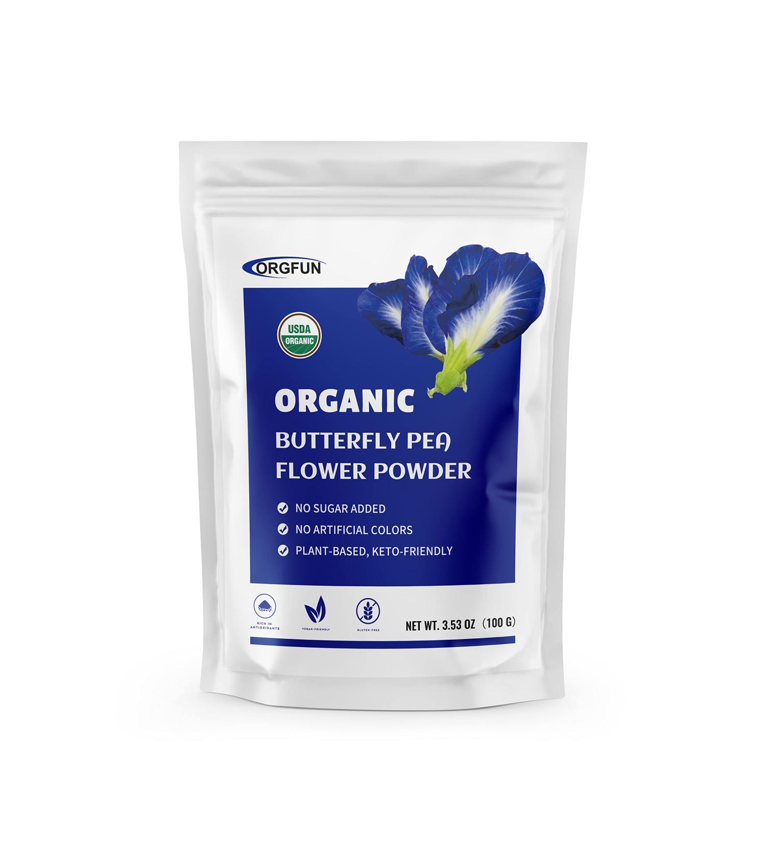 ORGFUN Organic Butterfly Pea Powder 3.52 Oz - Rich in Antioxidants, Vibrant Blue Matcha Power from Thailand - Vegan-Friendly - Buy Online on GoSupps.com