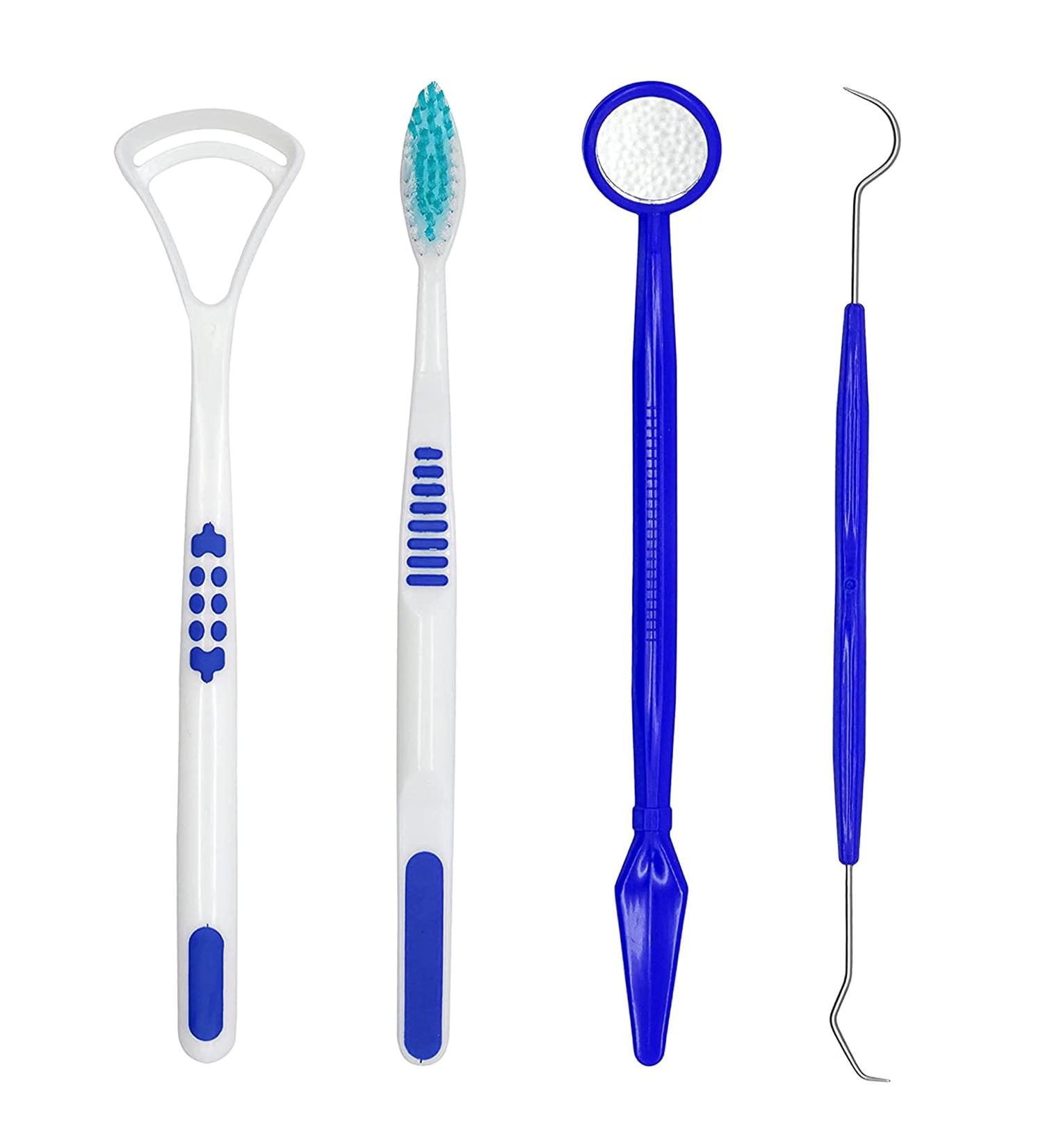 SRV HUB 4-Part Dental Care Set | Blue Oral Cleaning Tools Dental Pick Spiegel Tongue Cleaner & Toothbrush | Travel-Friendly Dental Kit - Buy Online on GoSupps.com