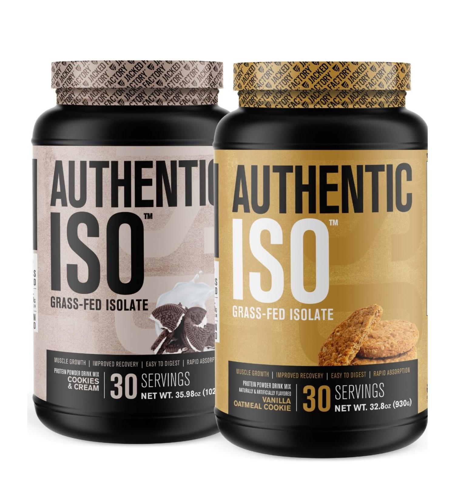 Jacked Factory Authentic ISO Grass Fed Whey Protein Isolate Powder - Low Carb Non-GMO Muscle Building Protein w/No Fillers (Cookies & Cream 30sv) & (Vanilla Oatmeal Cookie 30sv) - Buy Online on GoSupps.com