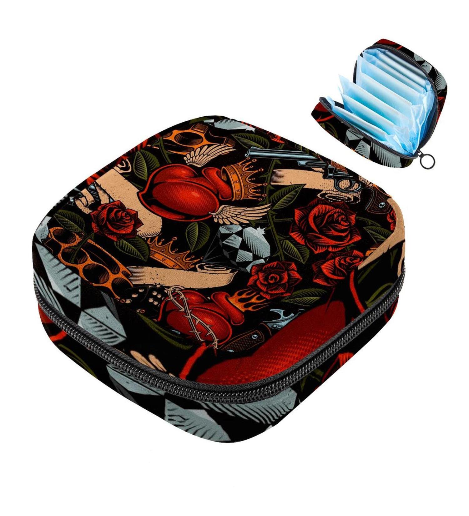 Stylish Menstruation Pad Bags with Zipper | Women's Napkin & Tampon Bags in Heart Pistol & Rose Patterns - Buy Online on GoSupps.com