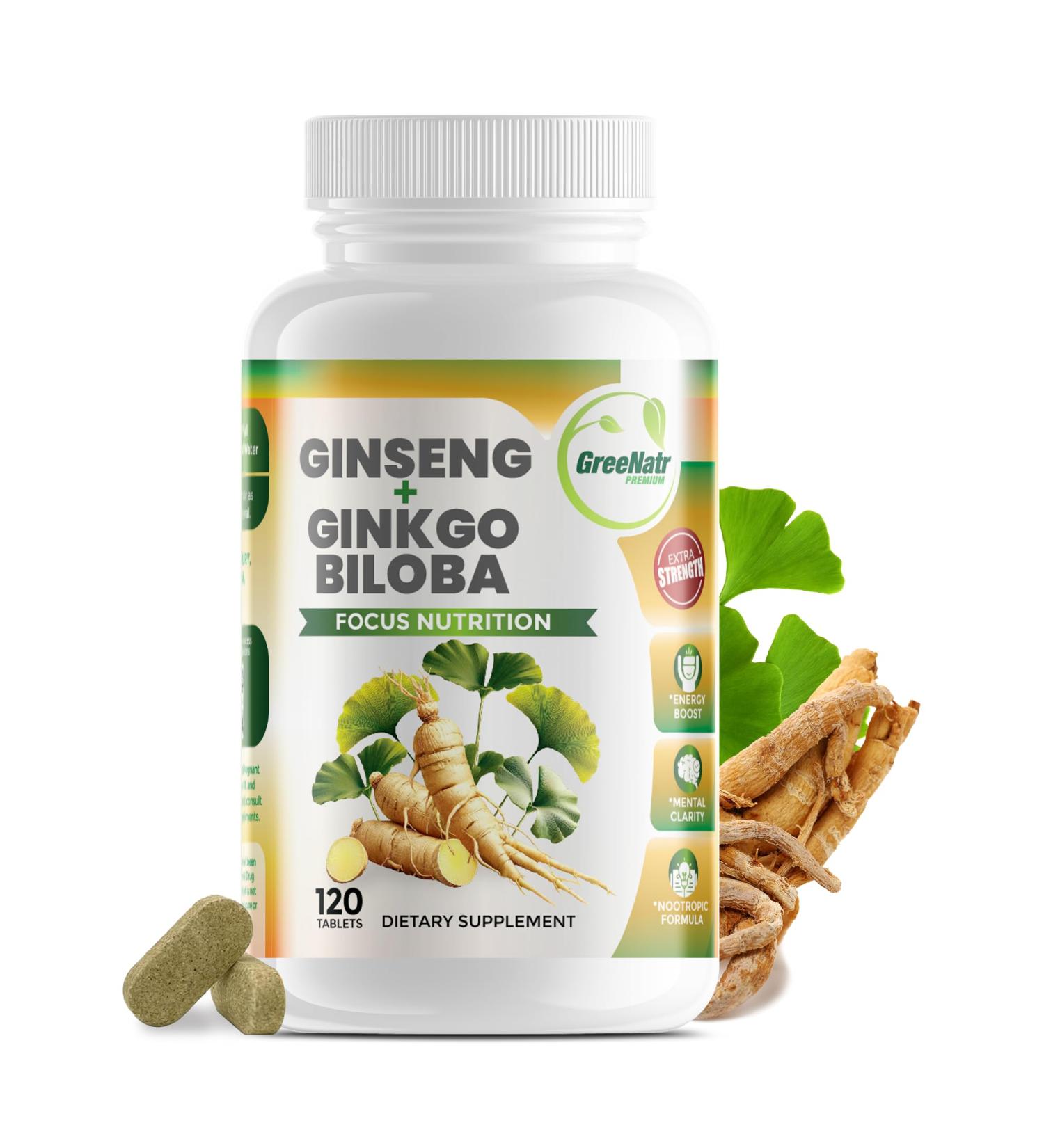 GreeNatr Ginko Biloba & Panax Ginseng Supplement - Red Ginseng Brain Supplement for Memory and Focus - Ginkgo Biloba Supplements for Good Vision Immune System and Improved Blood Flow - 120 Tablets 120 Count (Pack of 1) - Buy Online on GoSupps.com