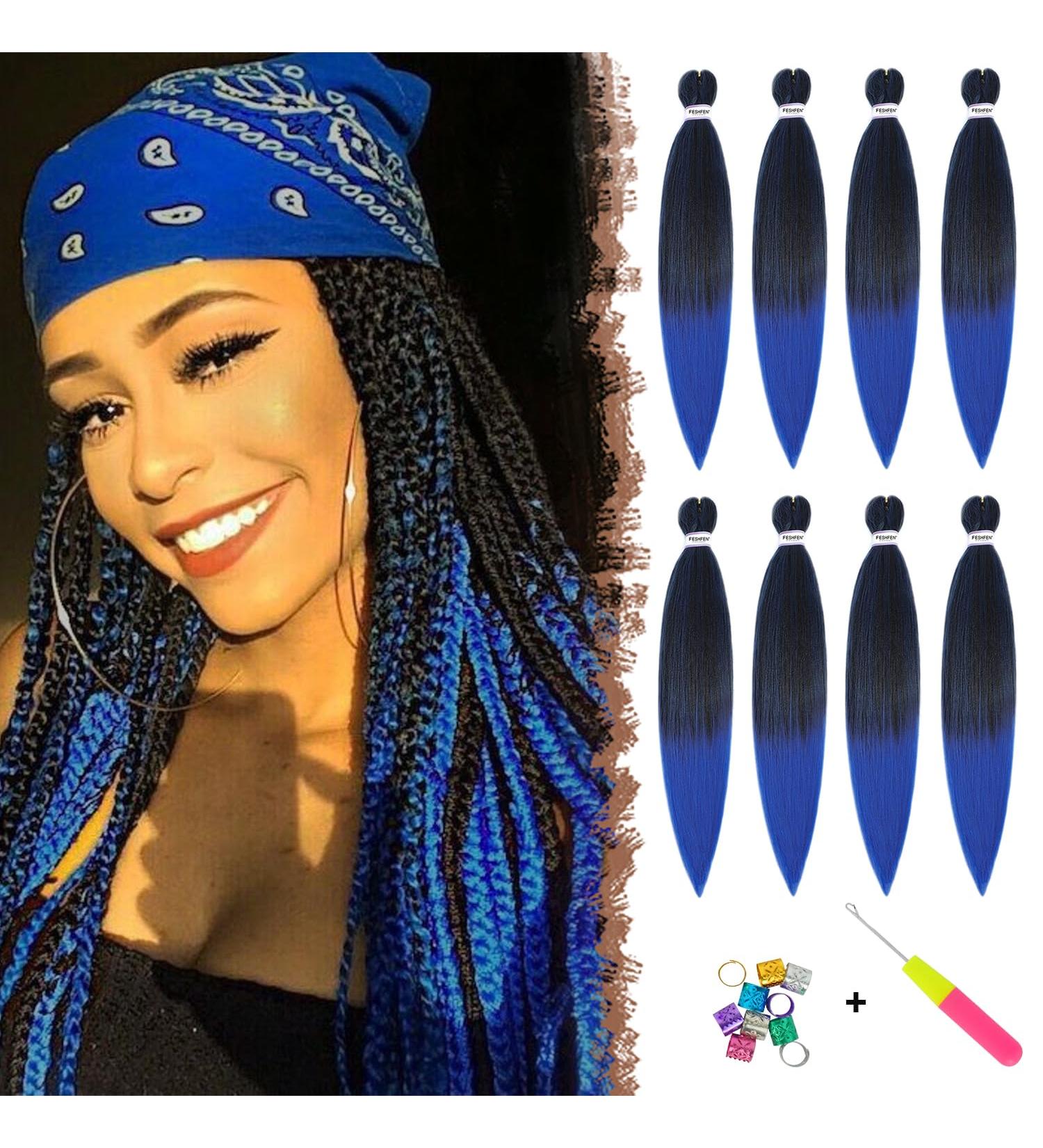 Feshfen Pre-Stretched Braid Hair Extensions 65cm - Yaki Texture 8 Pack Black to Blue Synthetic Braiding Hair - Buy Online on GoSupps.com