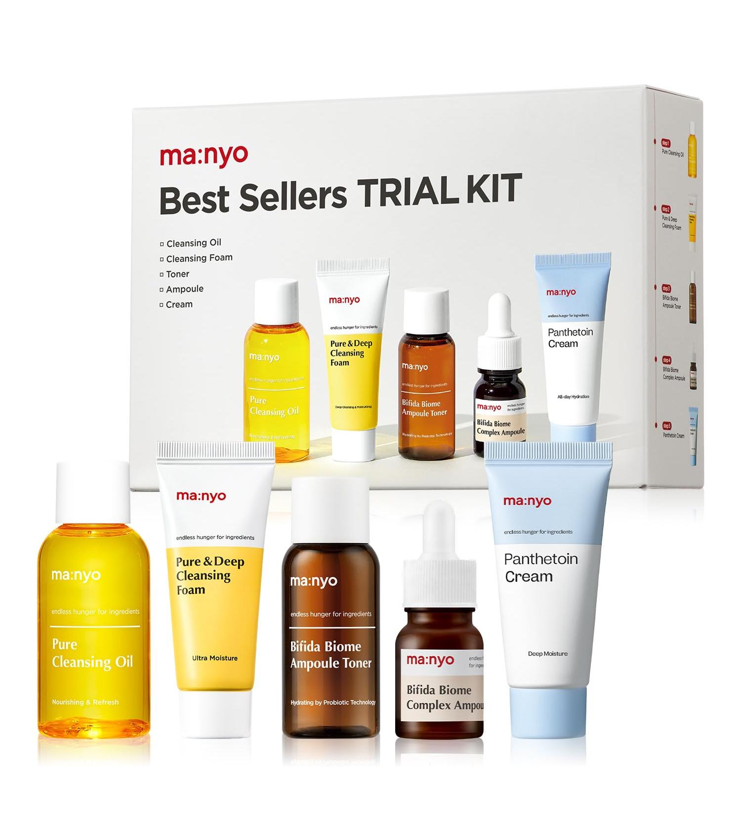 ma:nyo Best Sellers Kit | Travel size Trial & Gift Set | Pure Cleansing Oil Pure Cleansing Foam Bifida Biome Ampoule Bifida Biome Toner Panthetion Cream | Korean Skin Care Skin Repair Solution