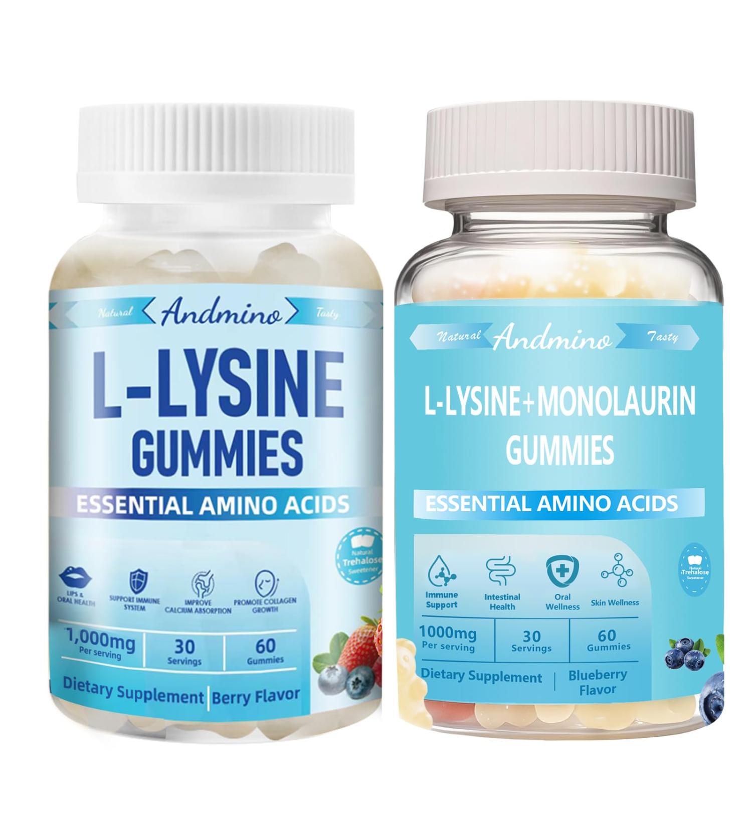 andmino L Lysine + Monolaurin Gummies 1000mg for Lips & Oral Wellness Immune Support & Collagen & Calcium for Adults & Kids Non-GMO Vegan Gluten Free Berry Flavor 60 - Buy Online on GoSupps.com