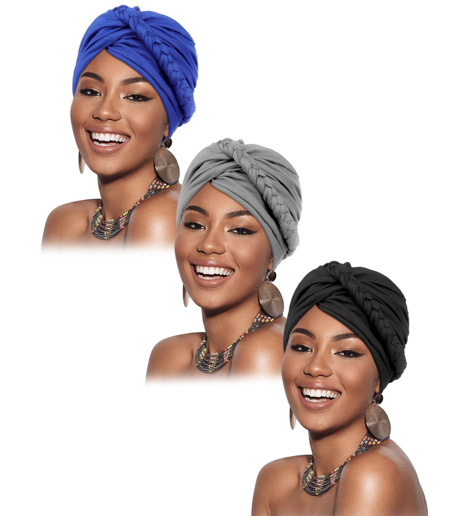 3-Pack Pre-Tied Turban Headwraps for Women - Black, Royal Blue, Gray - Buy Online on GoSupps.com