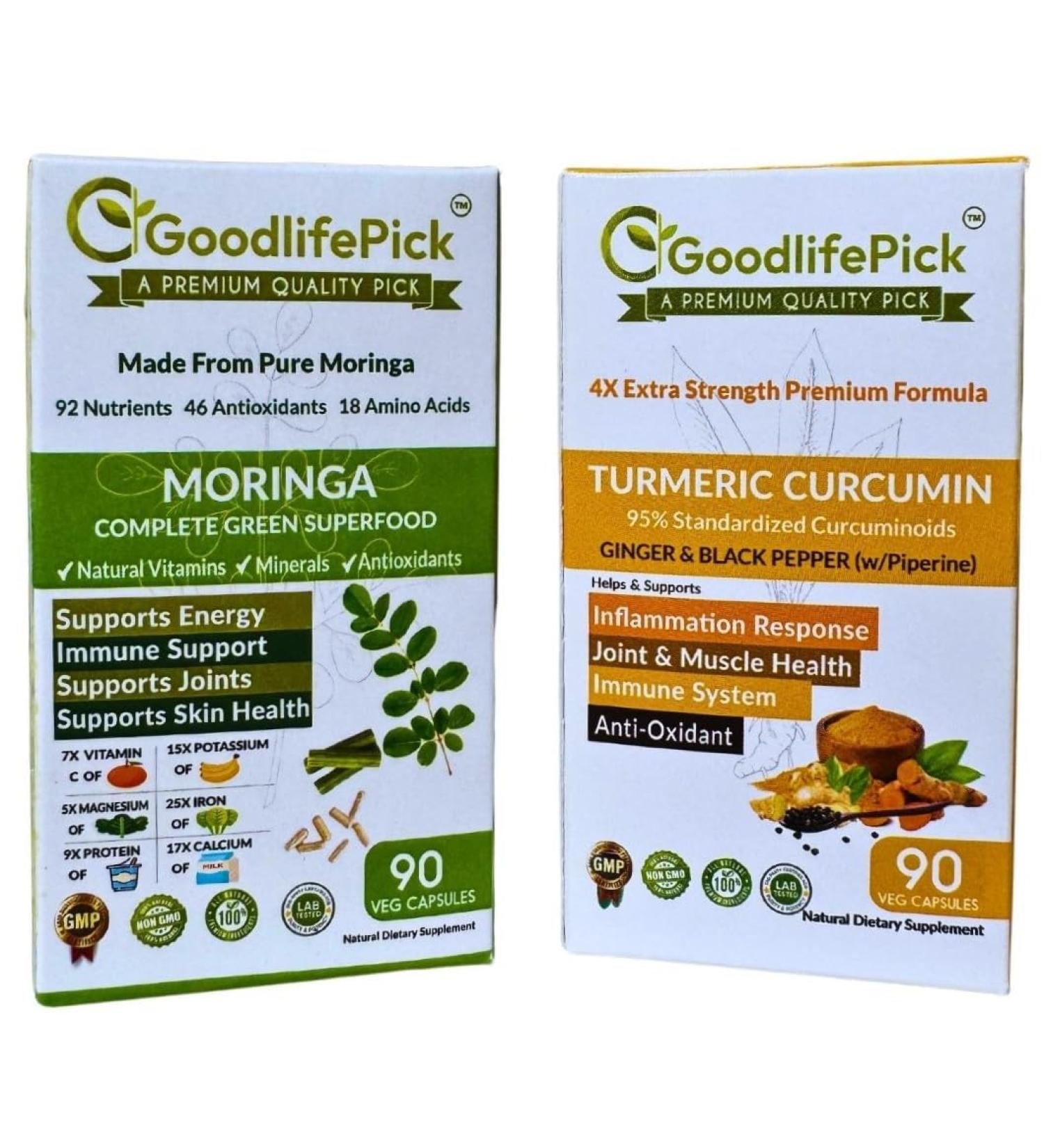 Turmeric Curcumin & Moringa Pack of 2. Turmeric with Ginger 95% Standardized Curcuminoids & Black Pepper + Pure Moringa Oleifera 90 + 90 Capsules. All Natural Non-GMO Vegan No Filler No Stearate  - Buy Online on GoSupps.com