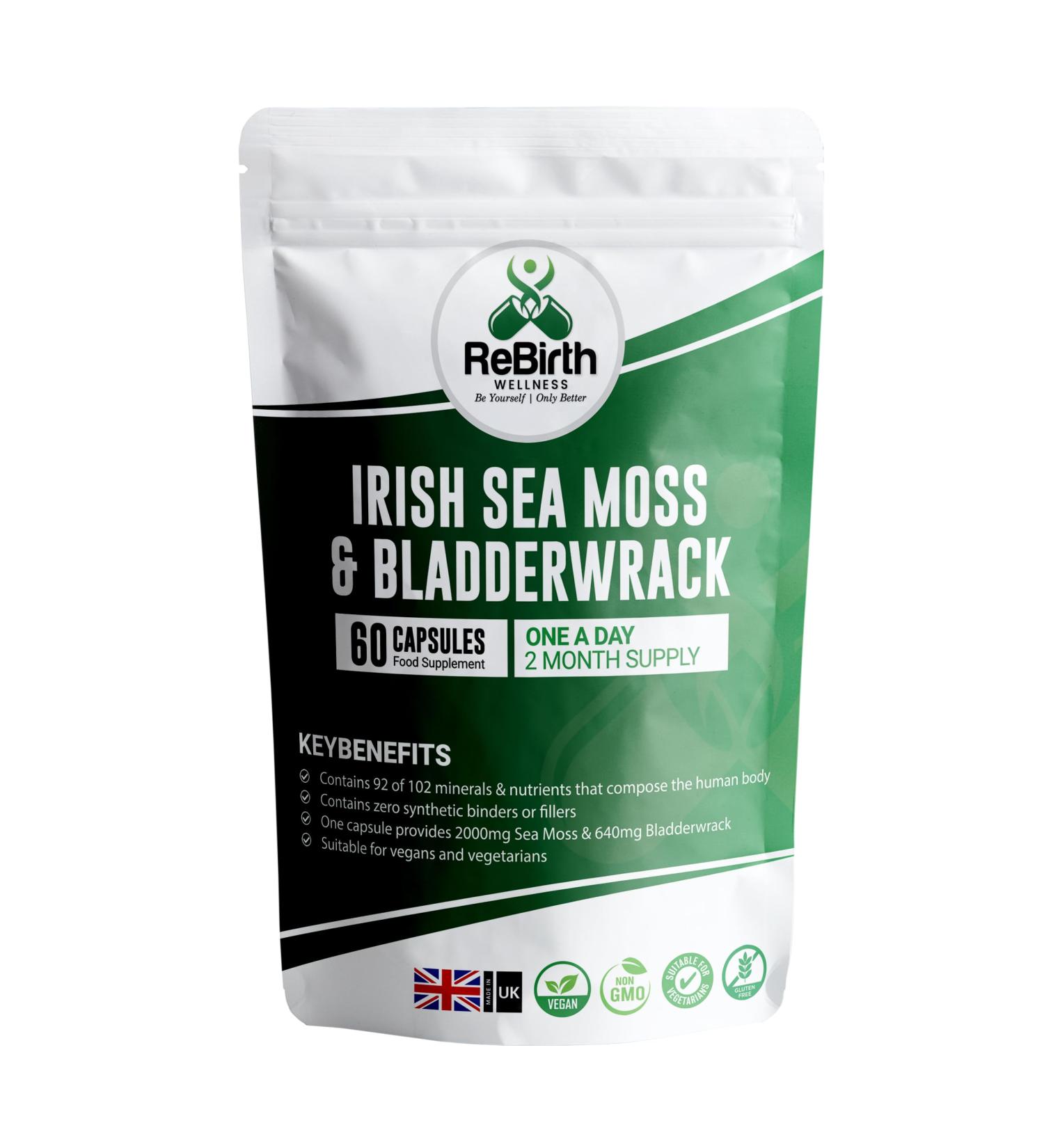 Sea Moss & Bladderwrack Capsules - 60 High Strength - Vegan - No Synthetic Fillers - Made in UK - Buy Online on GoSupps.com