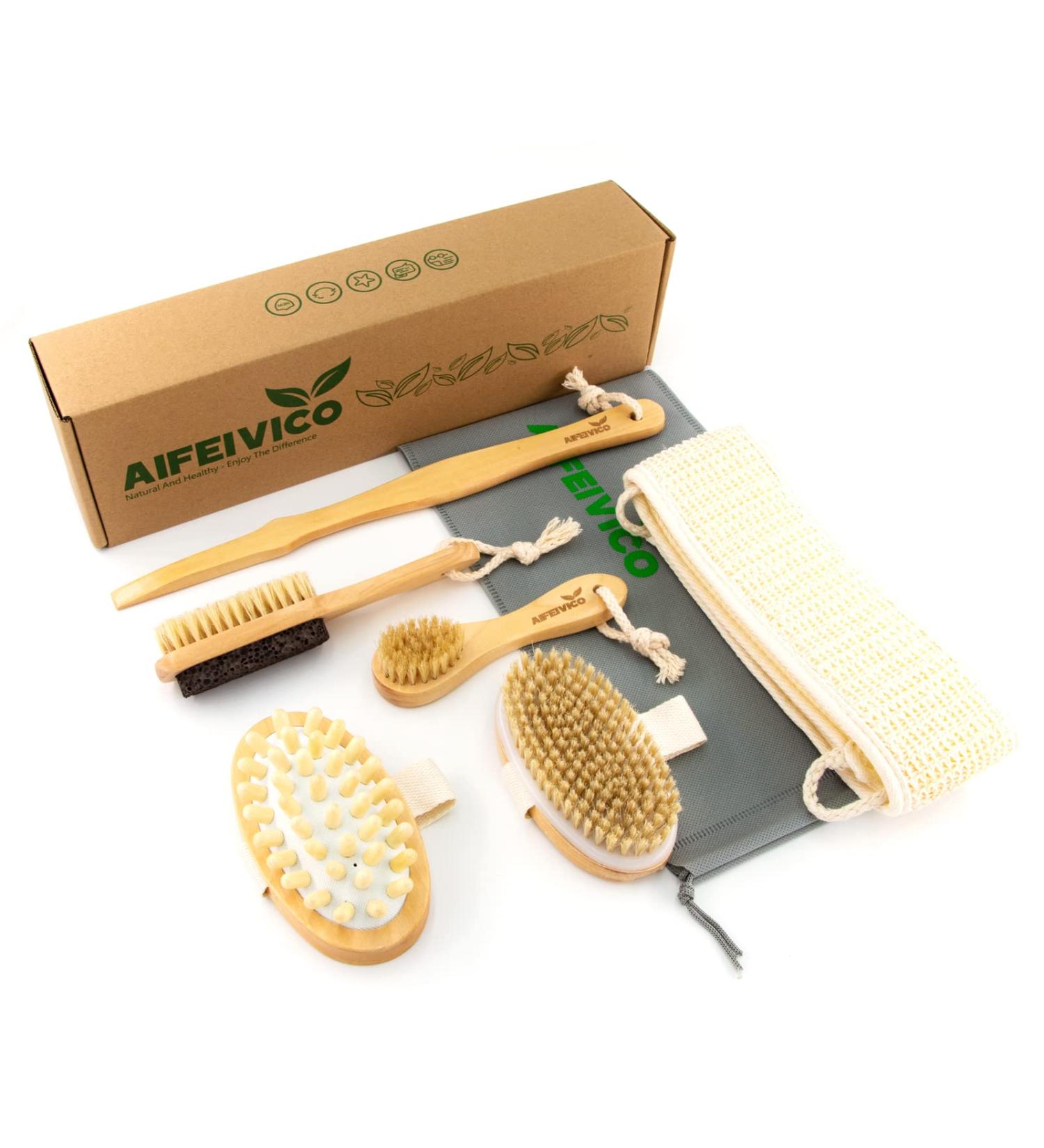 Dry Brushing Body Brush Set of 5  Natural Bristle Body Brush with Detachable Long Handle  Face Brush  Pumice Stone for Feet  Back Scrubber  Cellulite Massager Brush for Cellulite  Lymphatic Drainage wood-1 - Buy Online on GoSupps.com