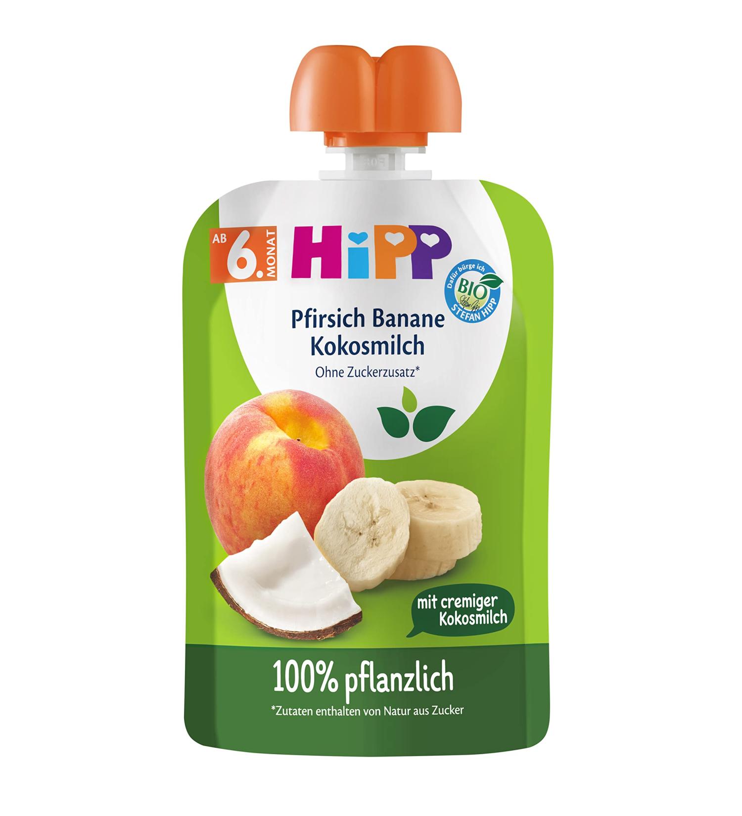 HiPP Fruit & Plant Milk in a Squeeze Pouch for Babies Peach Banana with Coconut Milk (4x4x90g) Small