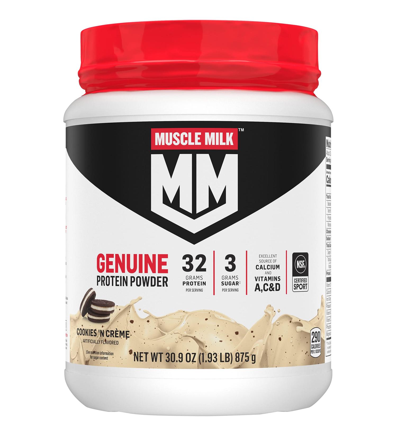 Muscle Milk Cookies 'N Cr me Protein Powder - 1.93 lbs, 12 Servings - 32g Protein, 3g Sugar, Calcium, Vitamins A, C & D - NSF Certified for Sport - Cookies & Cream Flavor - Energizing Snack - Buy Online on GoSupps.com