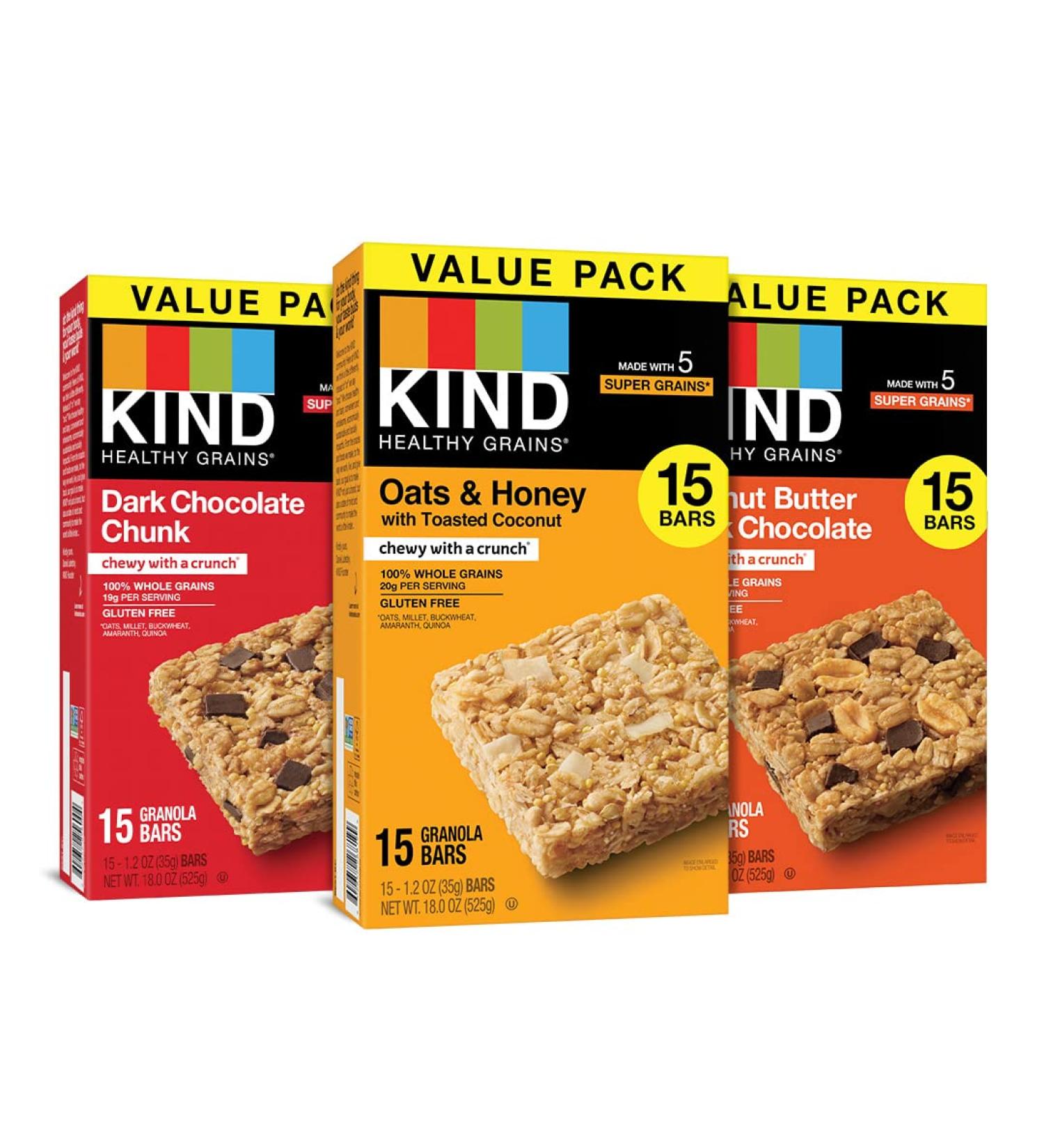 KIND Healthy Grains Bars Variety Pack - Dark Chocolate Chunk, Oats & Honey, Peanut Butter - 45 Count, Gluten Free - Healthy Snacks - Buy Online on GoSupps.com