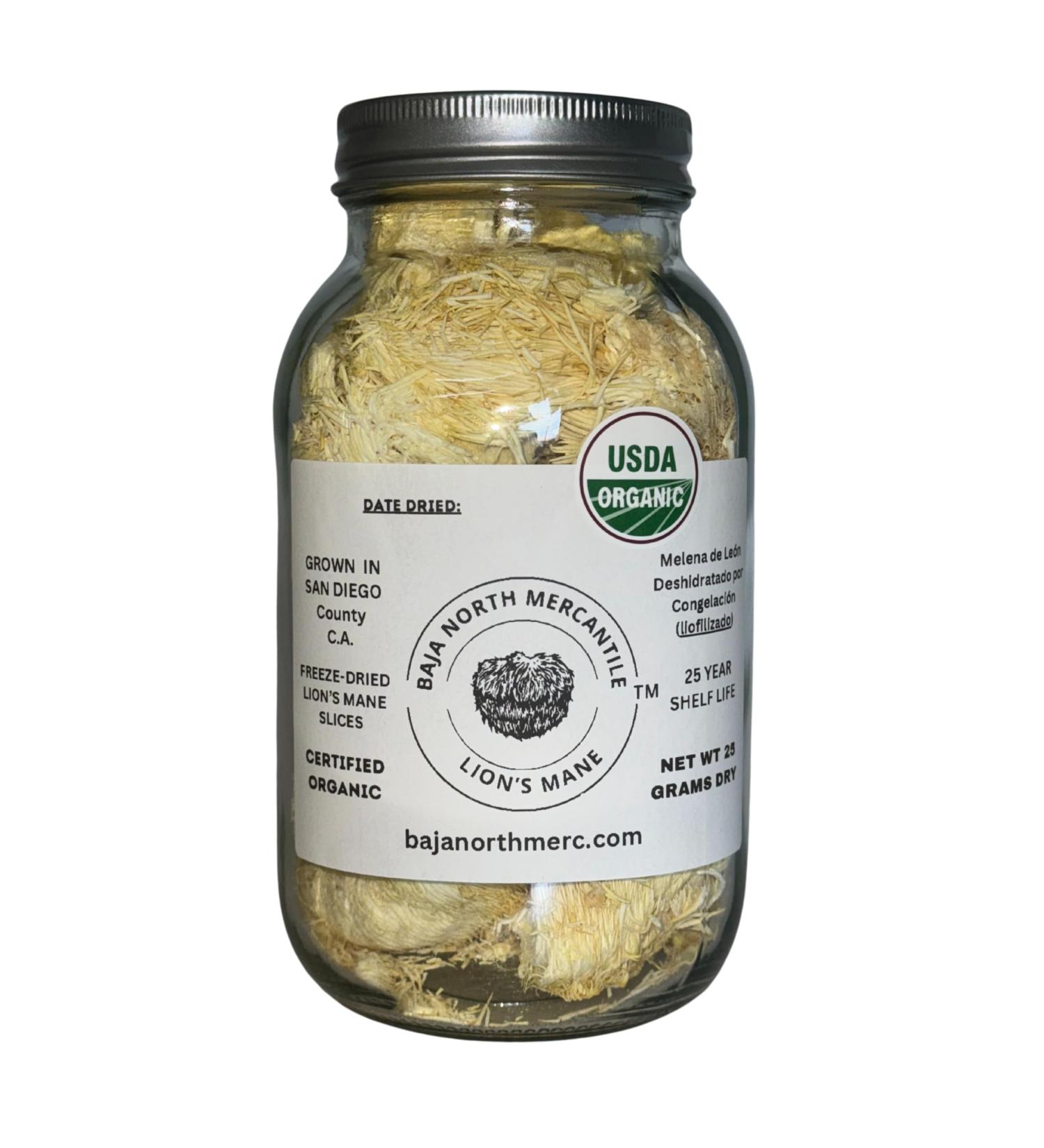Freeze-Dried Lion's Mane Mushroom fruiting bodies Slices. Real Deal Large 25 Gram Jar. Great for tea or powder. Can be rehydrated and cooked or used as a herbal supplement. USDA organic. Excellent for Stamets Stack. No Refr  - Buy Online on GoSupps.com
