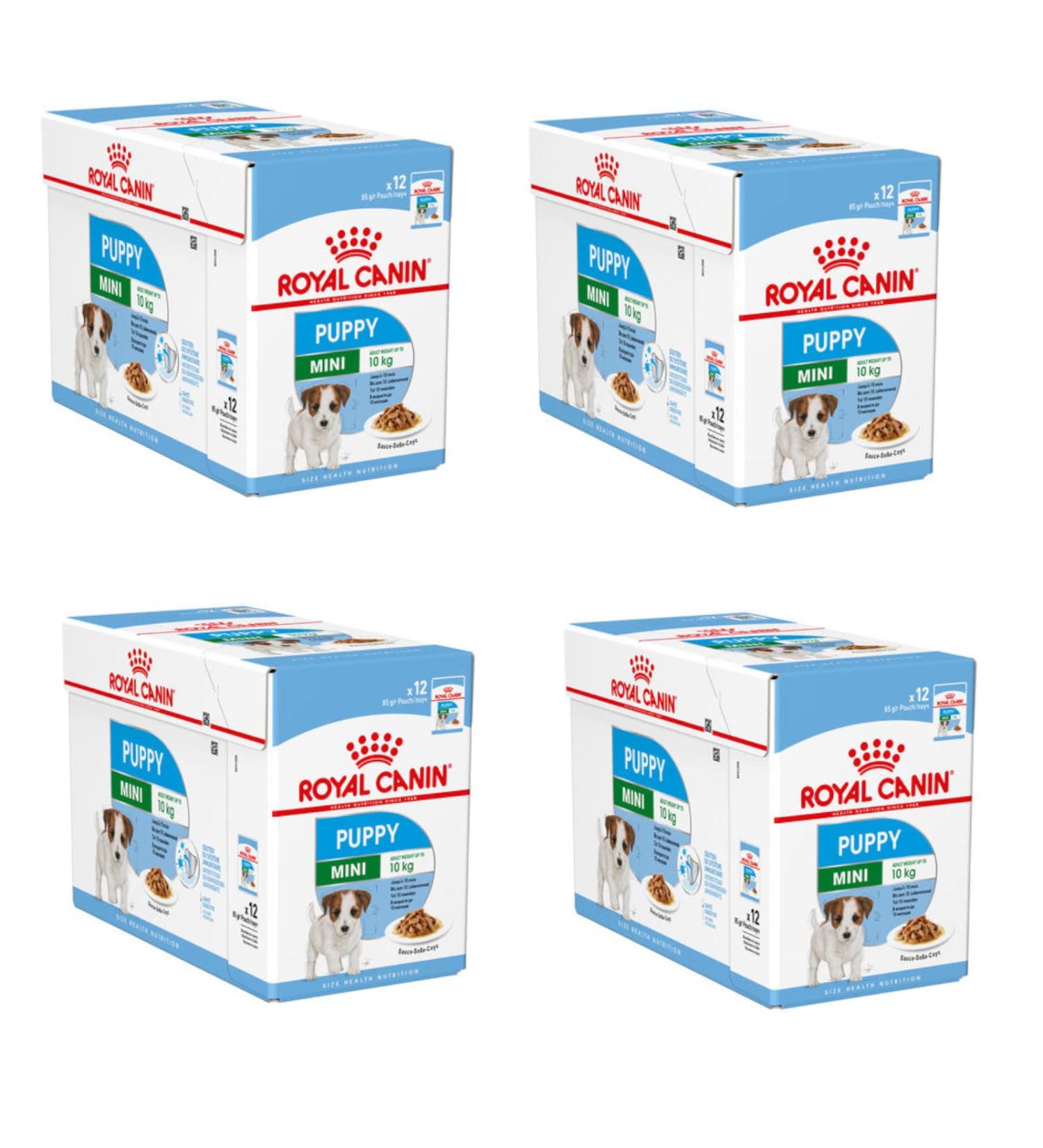 Royal Canin Mini Puppy | 4er Pack | 4 x 12 x 85 g | Nassfutter f r kleine Hundewelpen | Bis zum 10. Lebensmonat | Feine St ckchen in So?e | Weiche Textur f r die Milchz hne - Buy Online on GoSupps.com