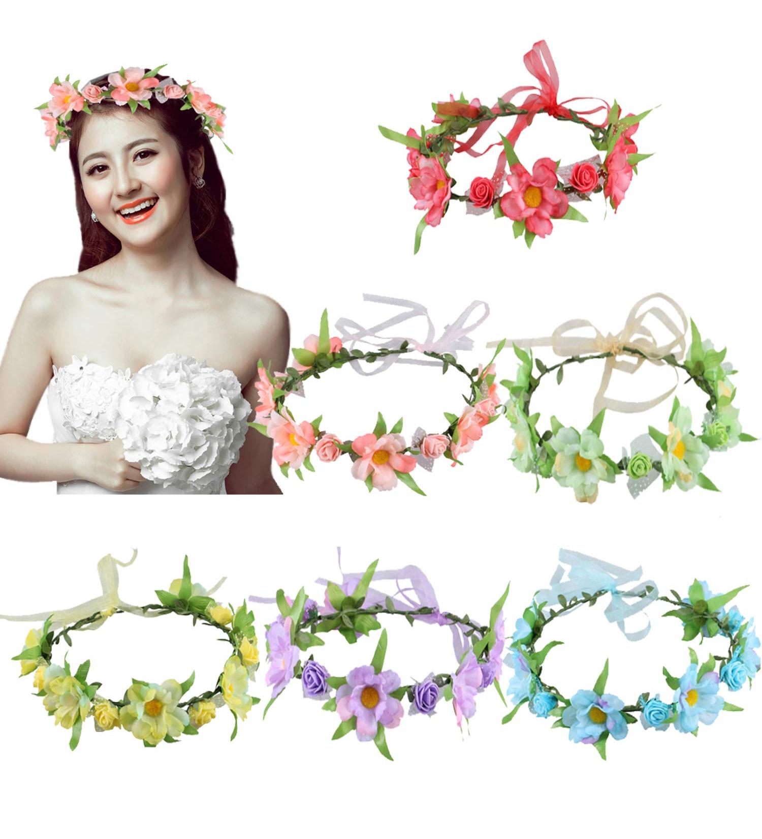 Adjustable Floral Headbands - 6Pcs Elastic Ribbon Flowers Crown Garland for Women, Girls, Teens - Perfect for Party, Wedding, Beach, Festival - Multicoloured - Buy Online on GoSupps.com
