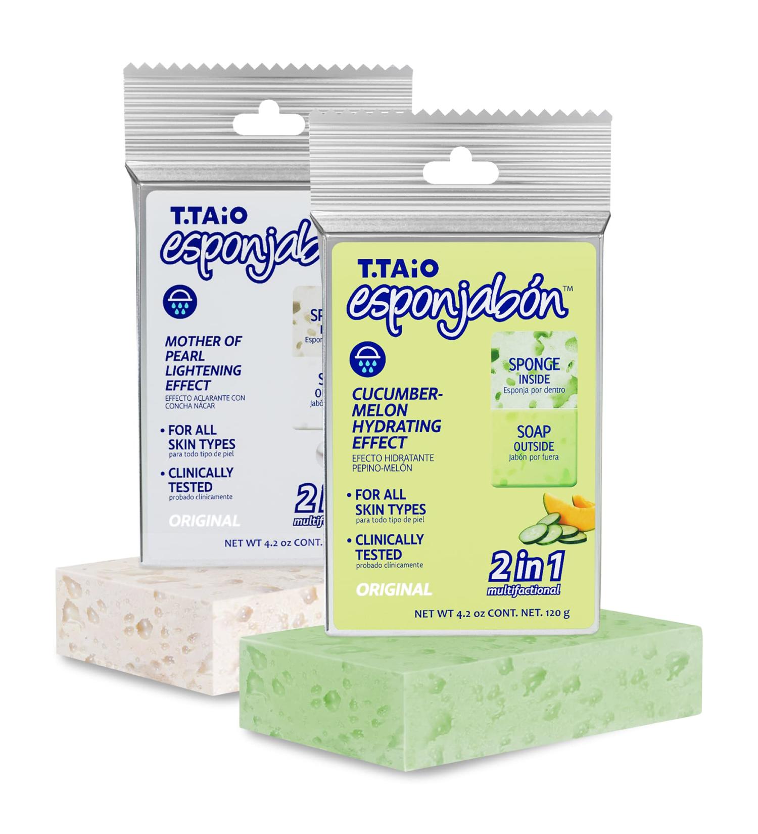 Esponjabon Mother of Pearl & Cucumber Melon Soap Sponges - 2-Pack Shower Scrubbers for Foot, Elbow & Face Care - Buy Online on GoSupps.com