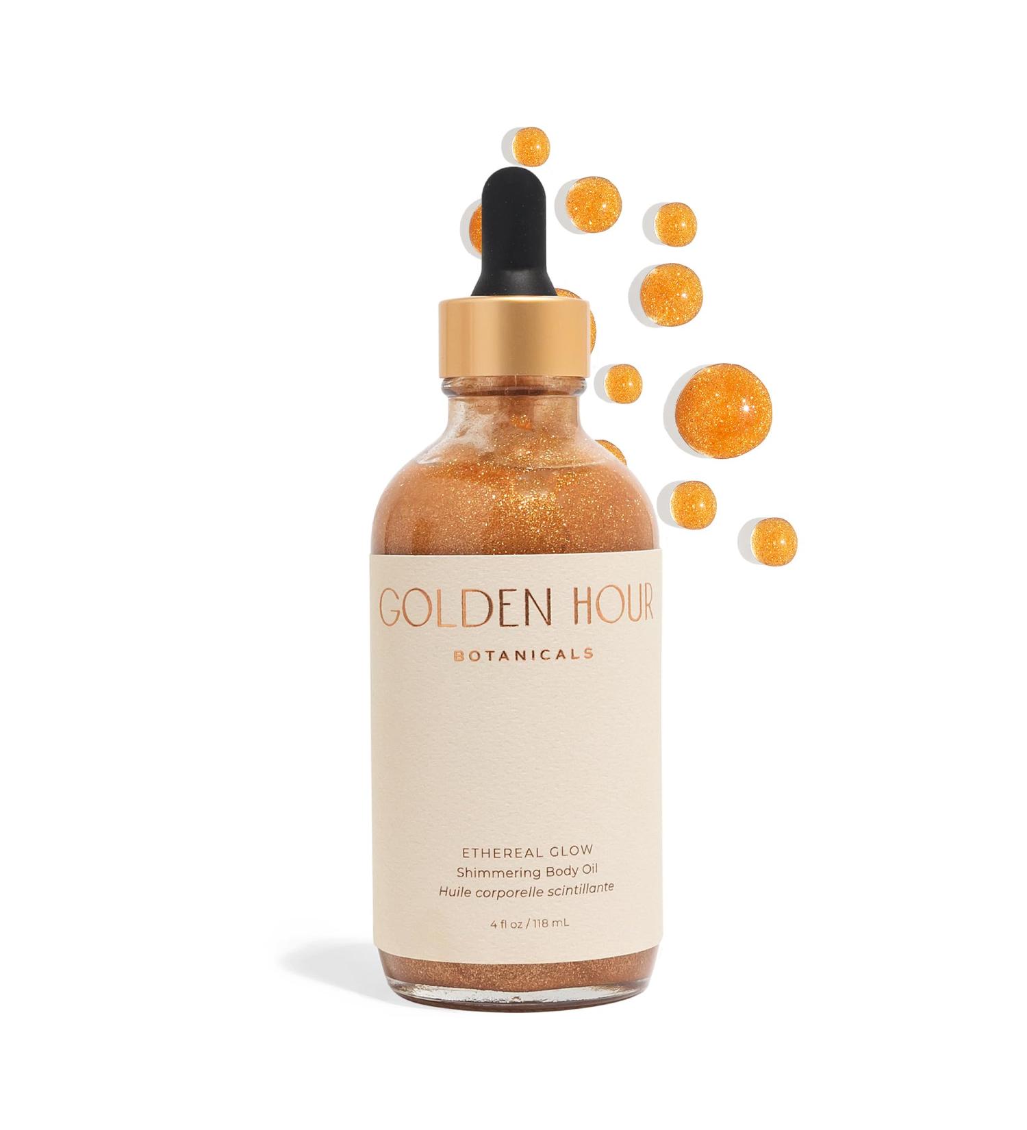 Organic Vegan Skincare - USA Made Hydrating Shimmer Gold Glitter Body Oil | Ethereal Glow 4 fl oz - Buy Online on GoSupps.com